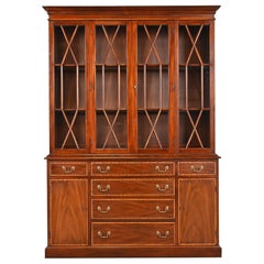 Henkel Harris Georgian Carved Mahogany Lighted Breakfront Bookcase Cabinet