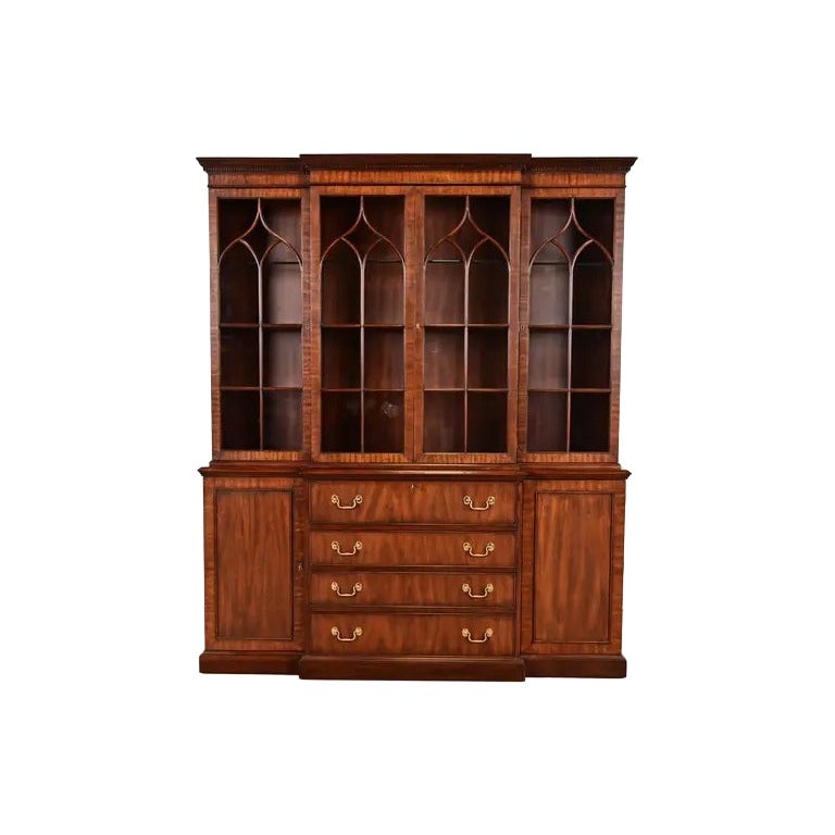 Henkel Harris Georgian Carved Mahogany Lighted Breakfront Bookcase Cabinet