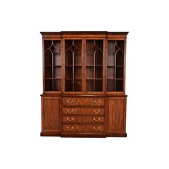 Henkel Harris Georgian Carved Mahogany Lighted Breakfront Bookcase Cabinet