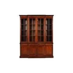 Henkel Harris Georgian Carved Mahogany Lighted Breakfront Bookcase Cabinet