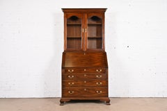 Henkel Harris Georgian Carved Mahogany Secretary Desk with Bookcase Hutch Top
