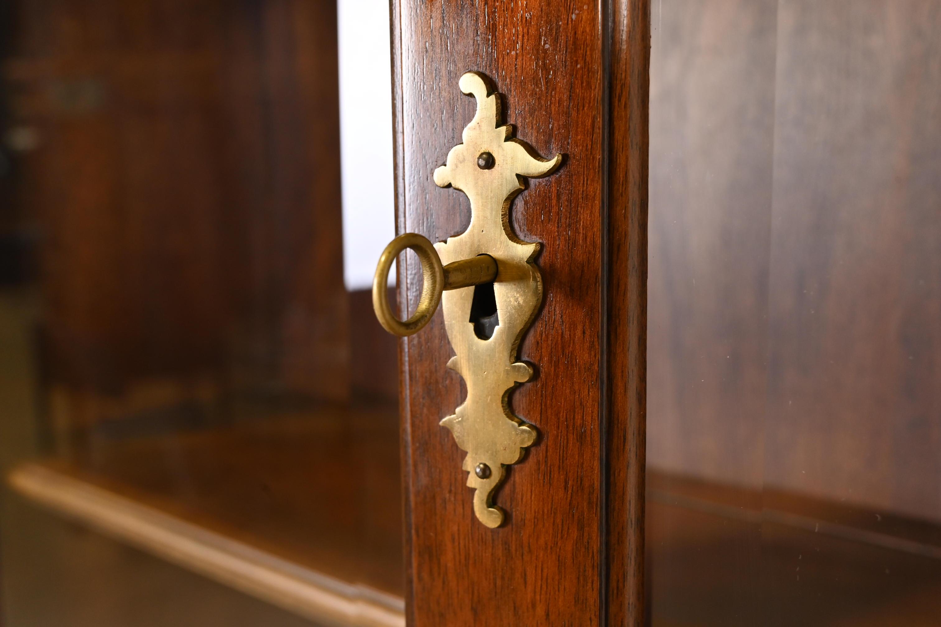 Brass Henkel Harris Georgian Carved Mahogany Secretary Desk with Bookcase Hutch Top For Sale