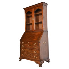 Henkel Harris Georgian Carved Mahogany Secretary Desk with Bookcase Hutch Top