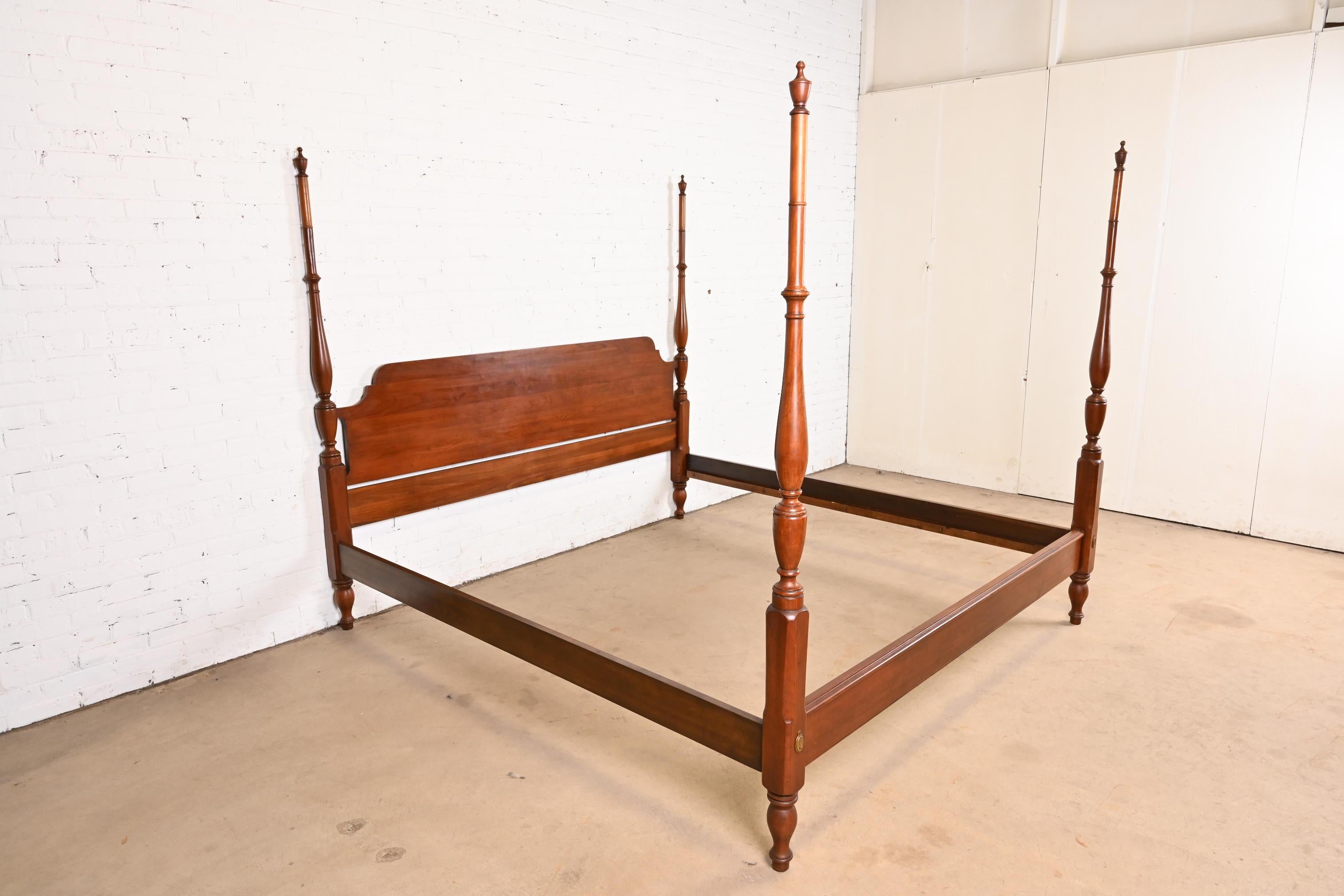 Brass Henkel Harris Georgian Carved Solid Cherry Wood King Size Poster Bed, 1974