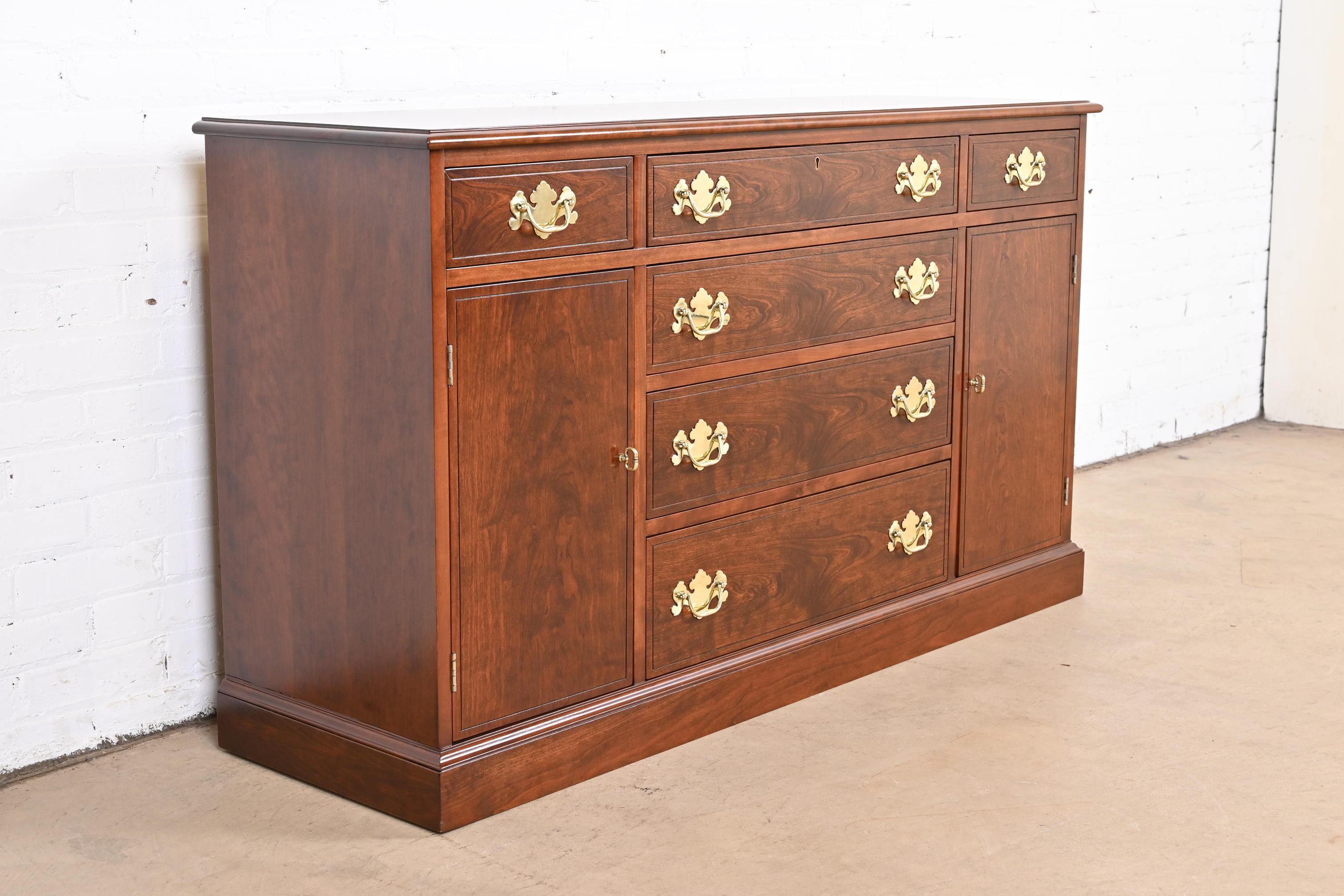 Brass Henkel Harris Georgian Cherry Wood Sideboard or Bar Cabinet, Newly Refinished For Sale