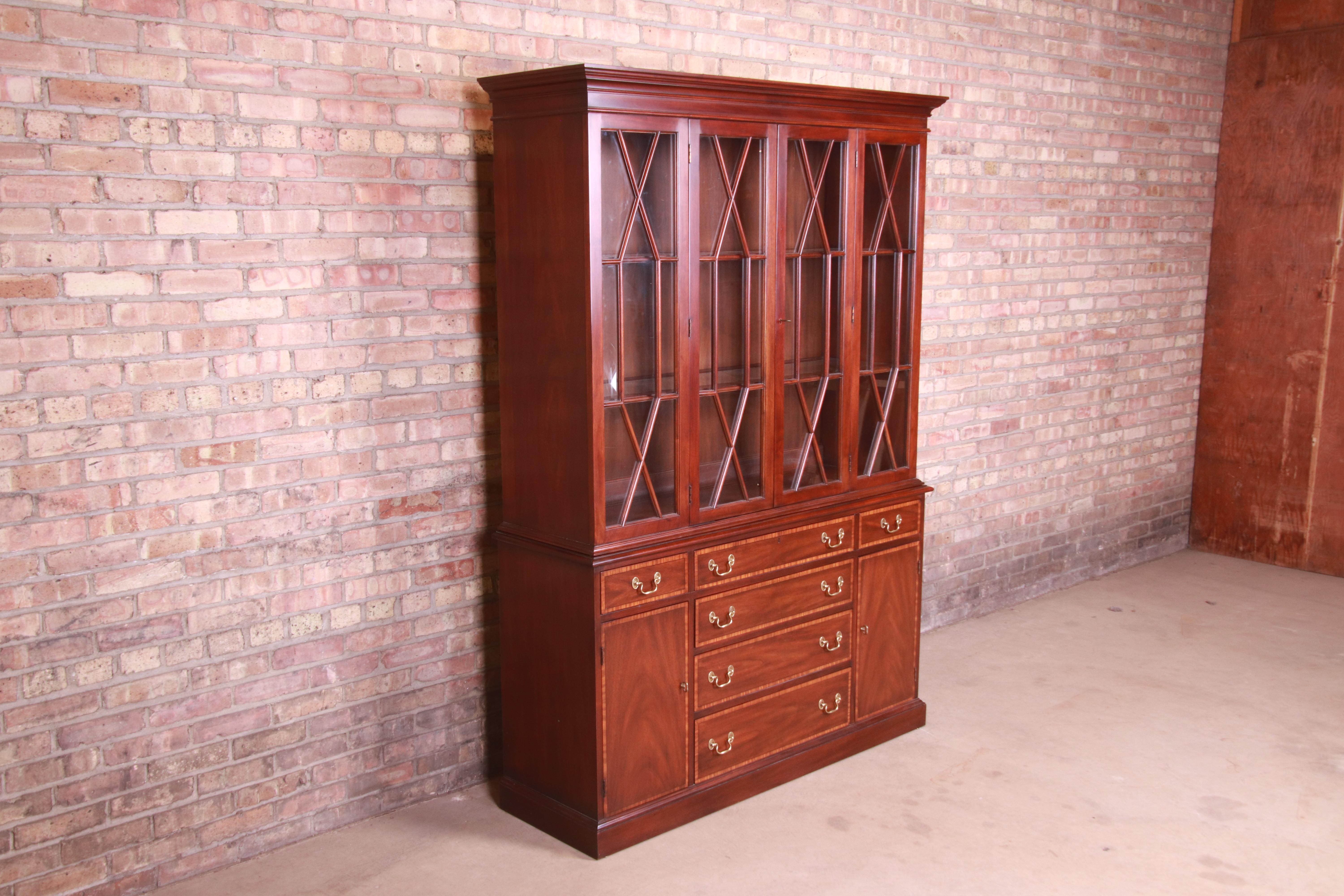 Late 20th Century Henkel Harris Georgian Mahogany Breakfront Bookcase Cabinet
