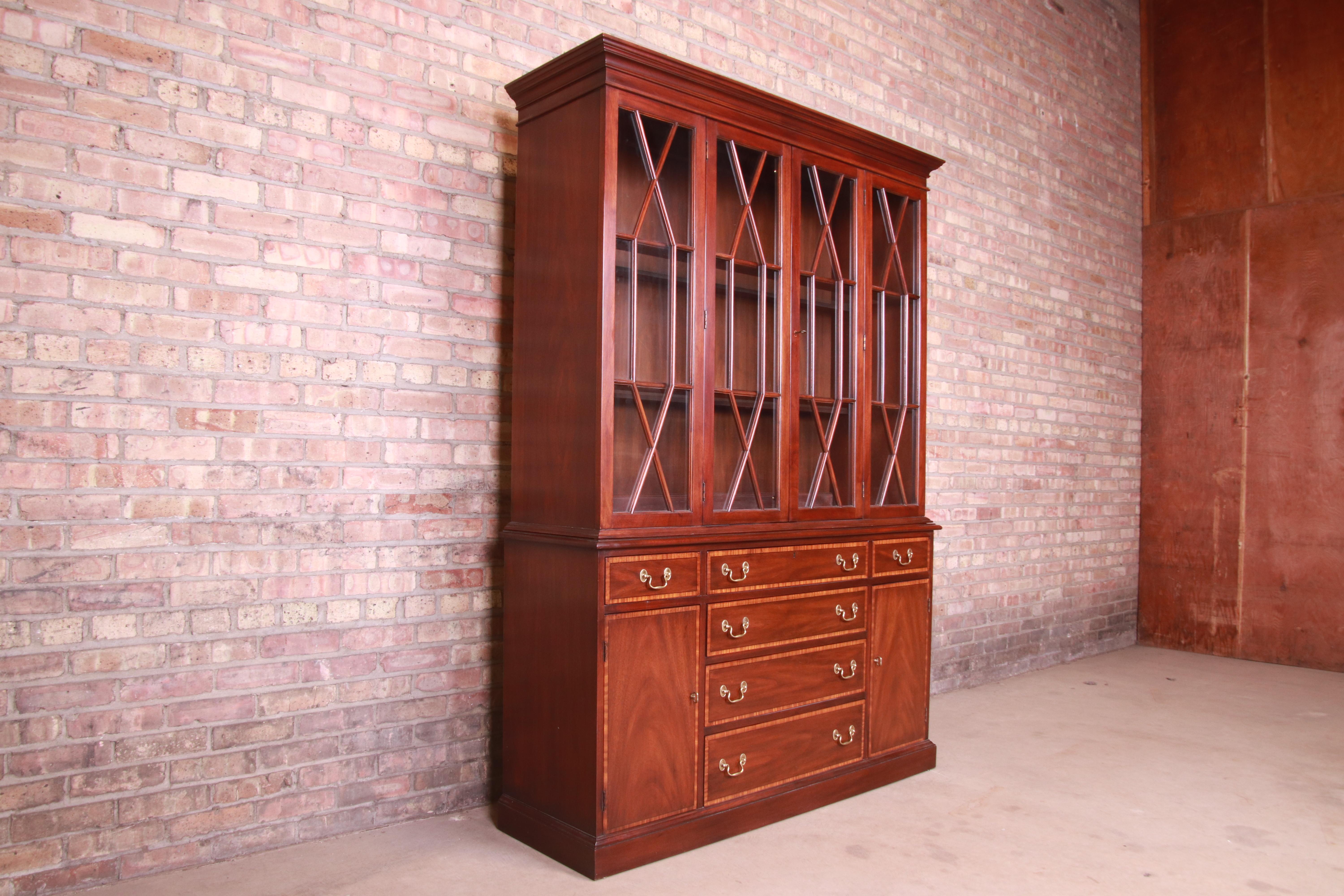 Brass Henkel Harris Georgian Mahogany Breakfront Bookcase Cabinet