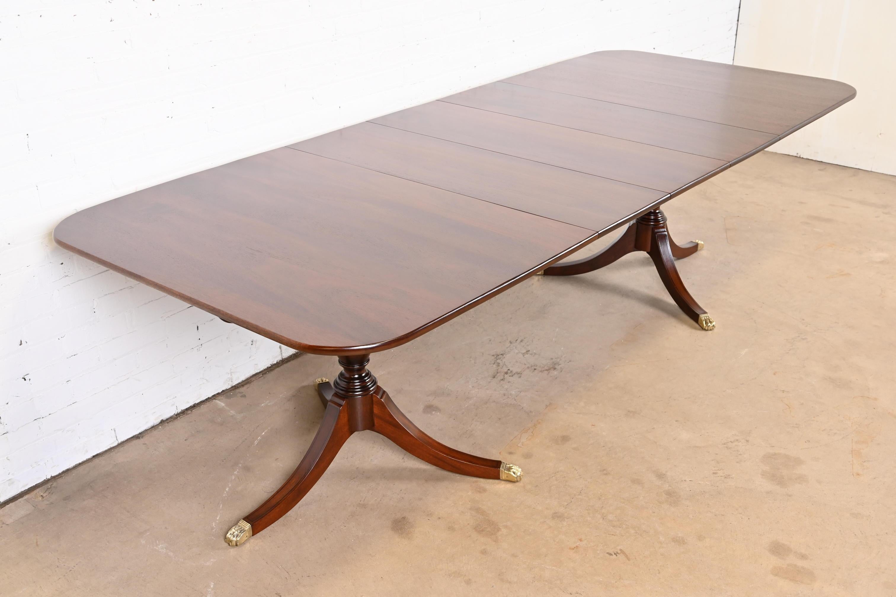 Brass Henkel Harris Georgian Mahogany Double Pedestal Dining Table, Newly Refinished