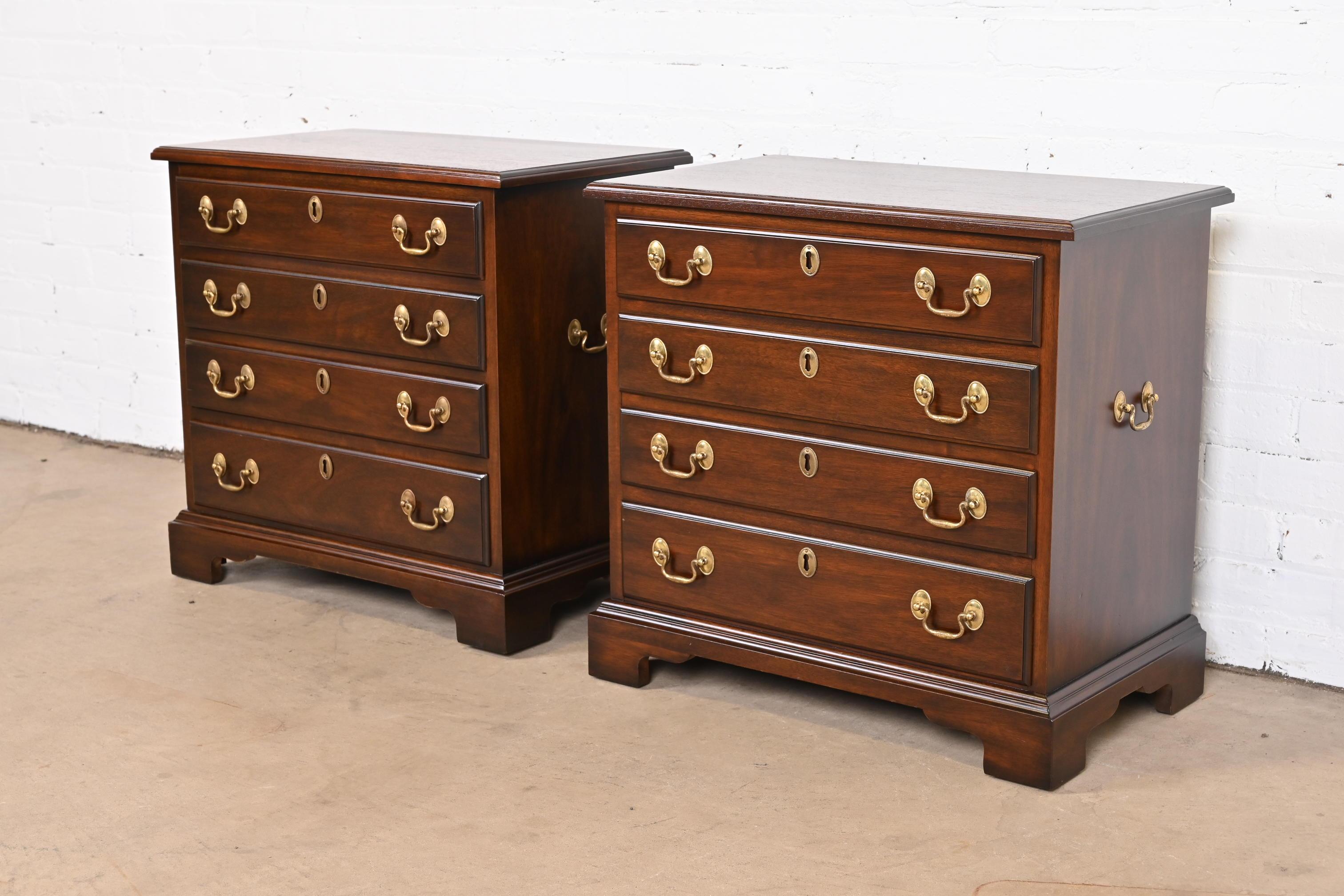 Late 20th Century Henkel Harris Georgian Mahogany Four-Drawer Bedside Chests, Newly Restored