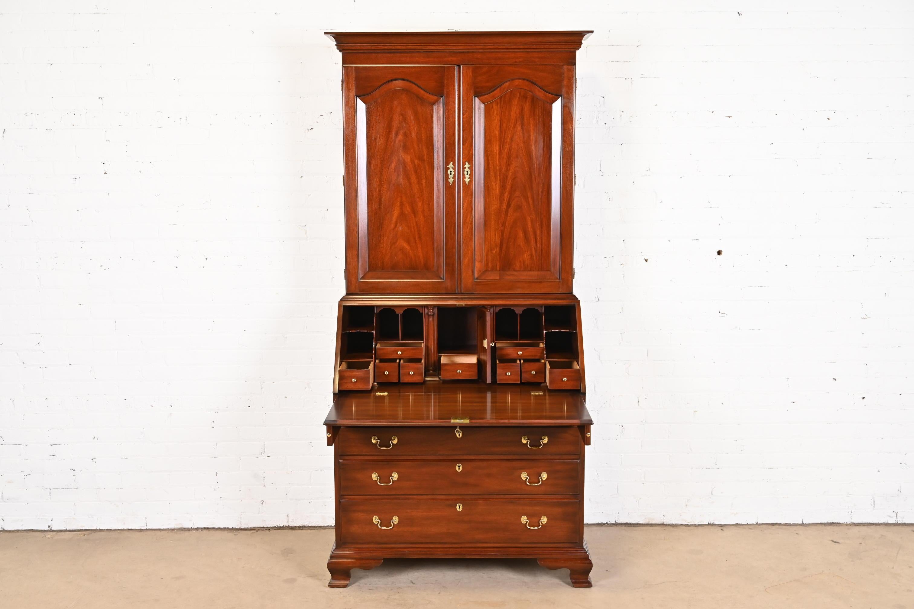 Late 20th Century Henkel Harris Georgian Mahogany Slant Front Secretary Desk with Bookcase Hutch