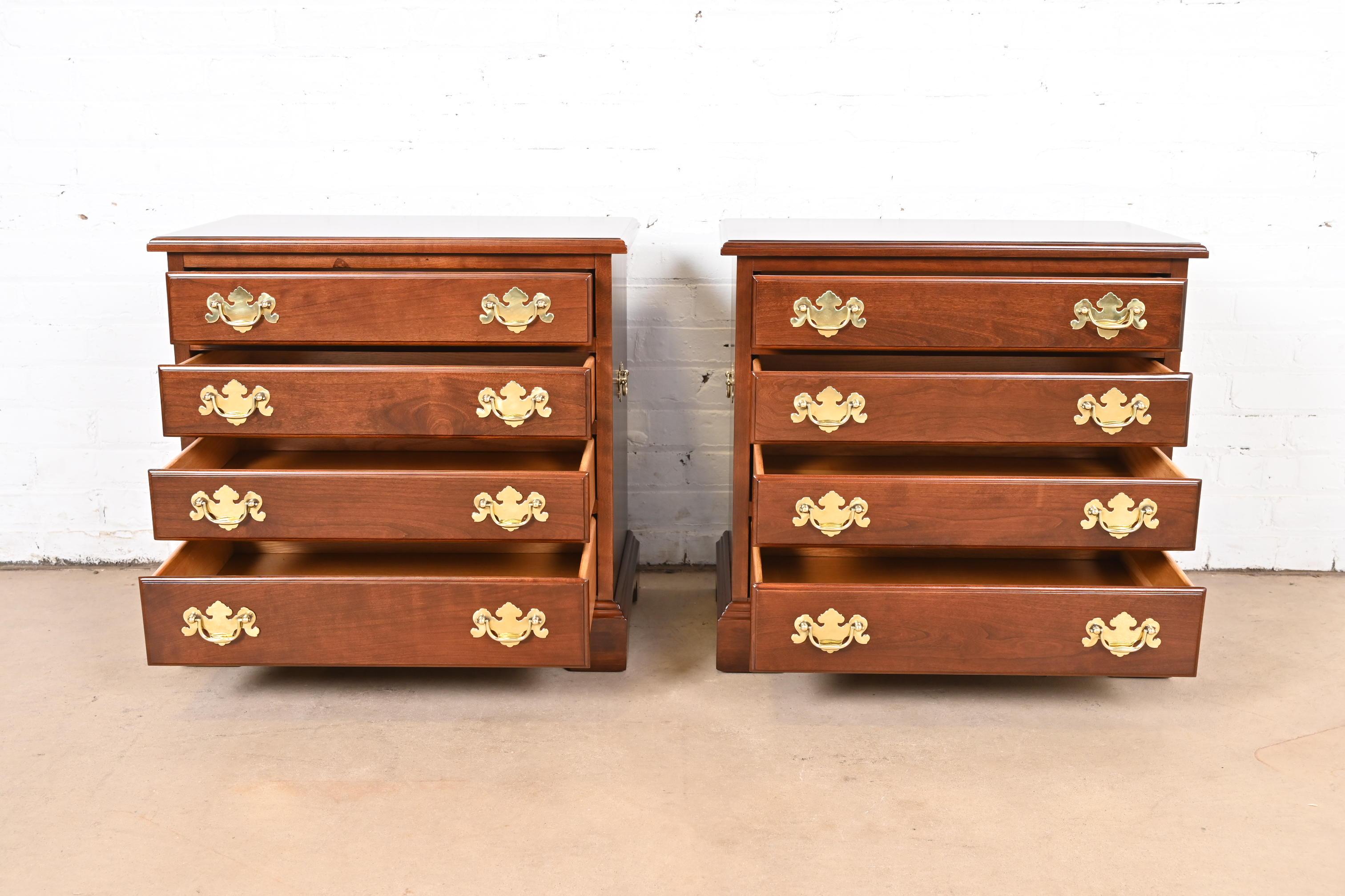 Brass Henkel Harris Georgian Solid Cherry Wood Bedside Chests, Newly Refinished For Sale