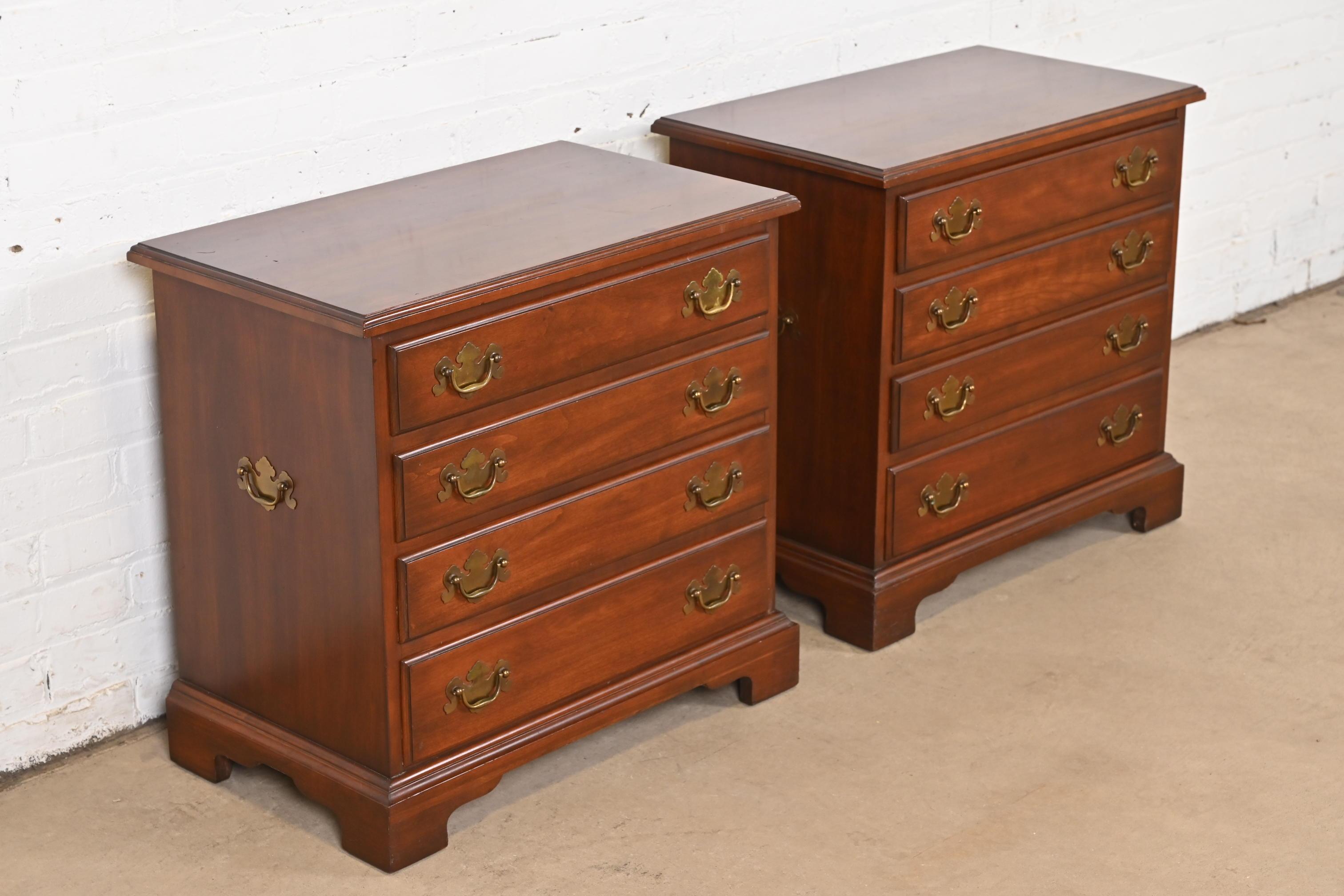 Late 20th Century Henkel Harris Georgian Solid Cherry Wood Bedside Chests, Pair For Sale