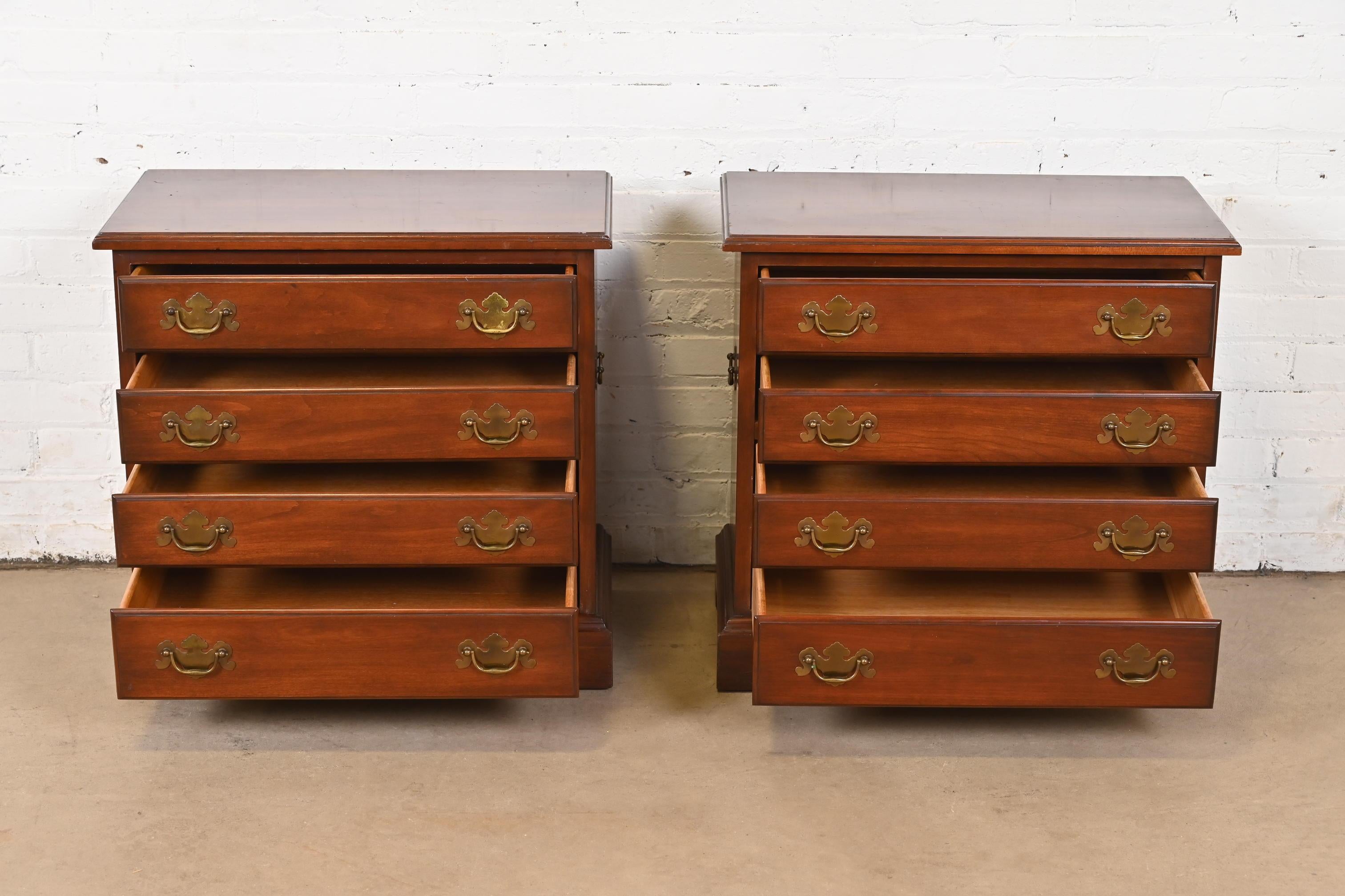 Brass Henkel Harris Georgian Solid Cherry Wood Bedside Chests, Pair For Sale