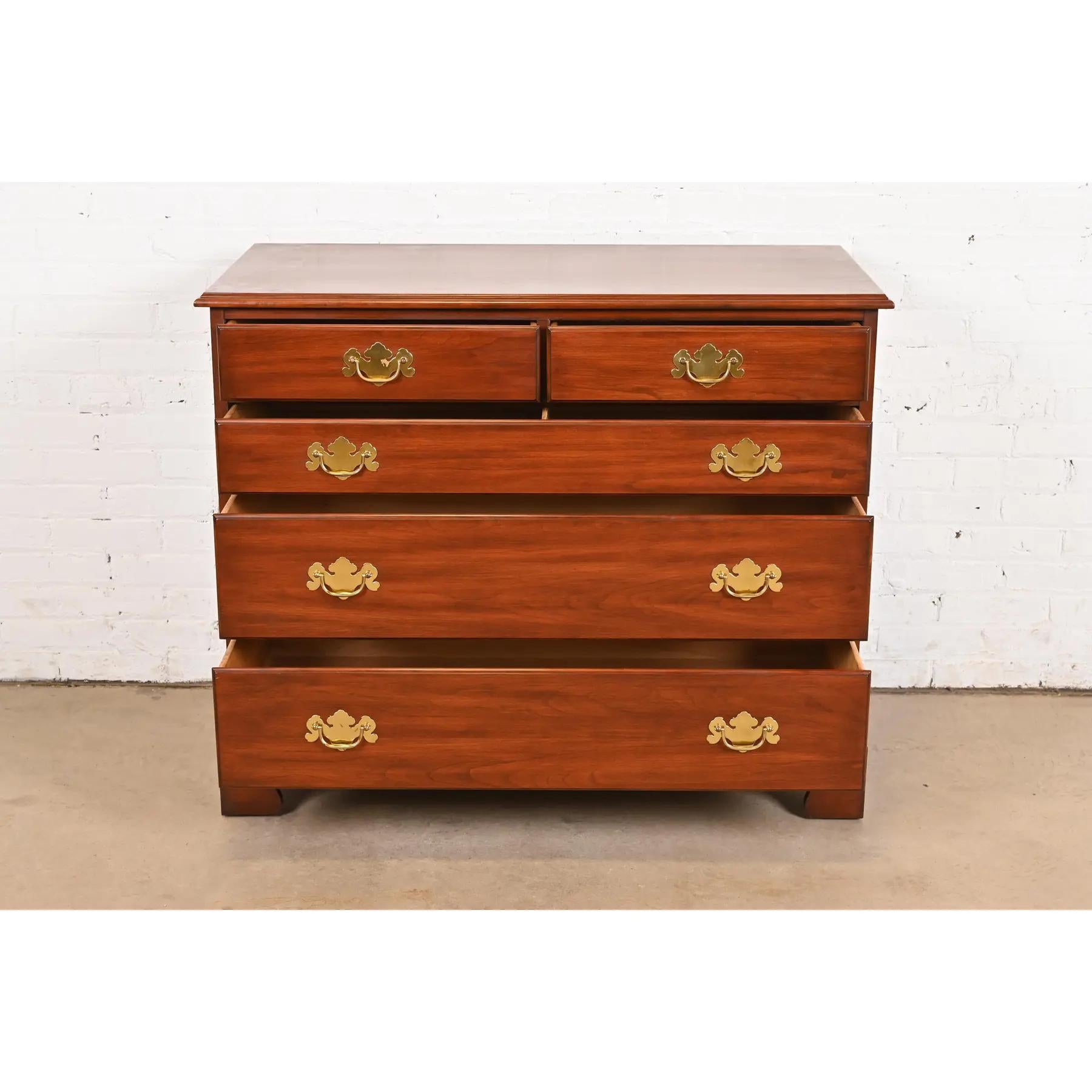 Brass Henkel Harris Georgian Solid Cherry Wood Five-Drawer Dresser or Chest of Drawers For Sale