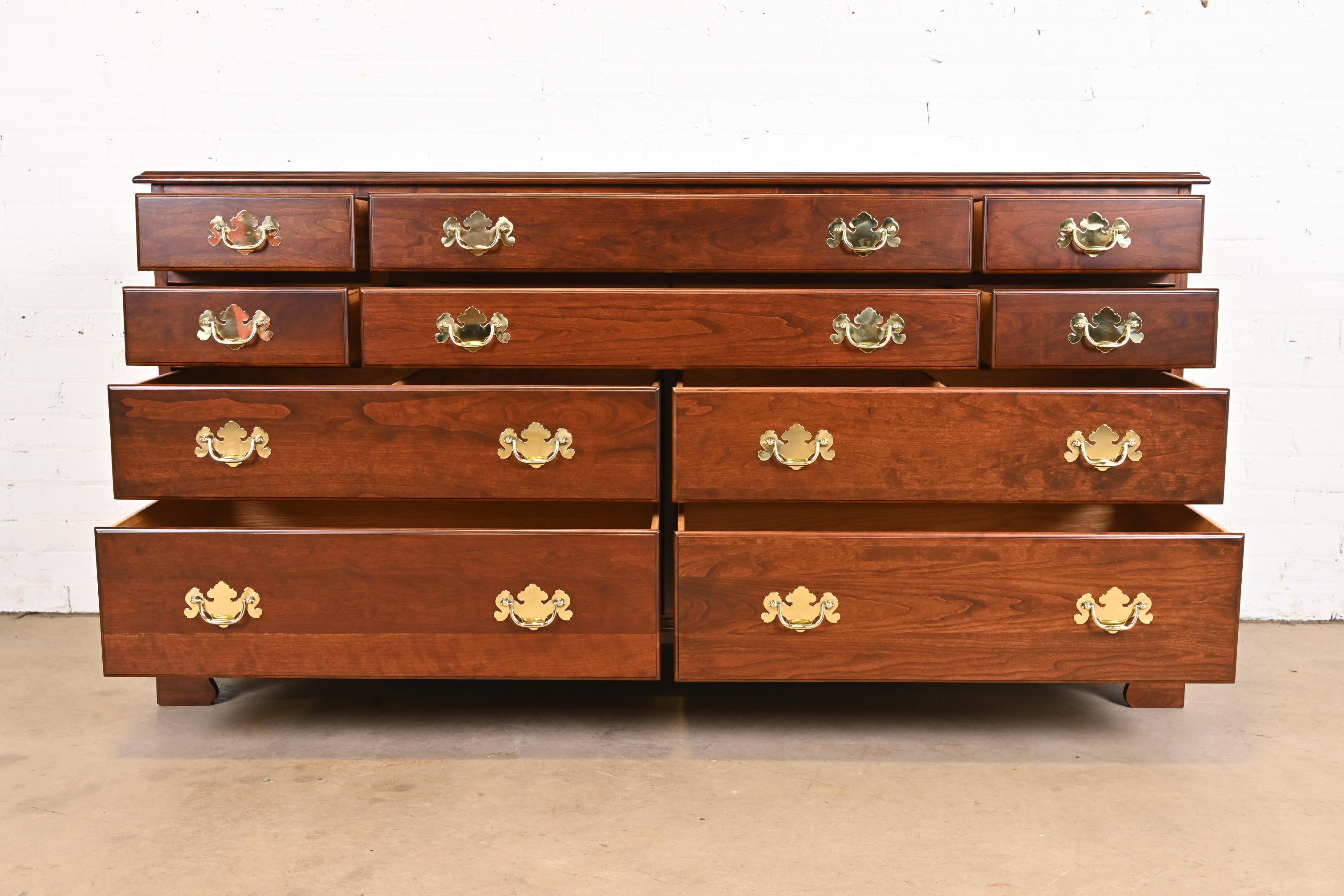 Brass Henkel Harris Georgian Solid Cherry Wood Ten-Drawer Dresser, Newly Refinished For Sale