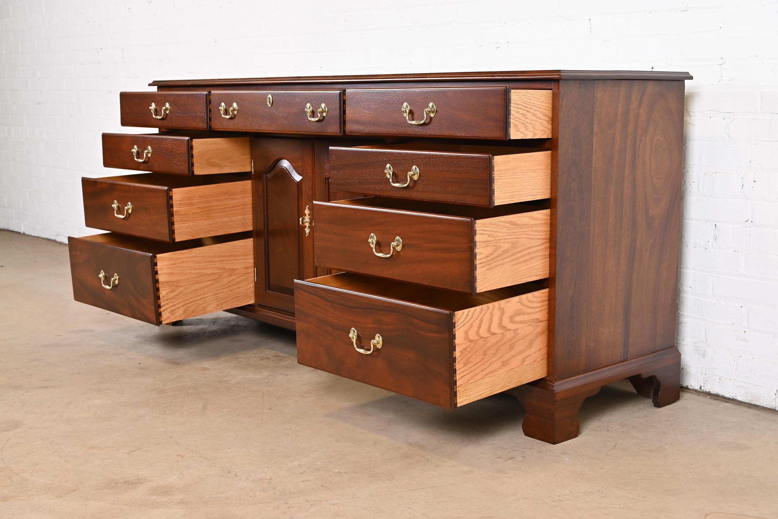 Late 20th Century Henkel Harris Georgian Solid Mahogany Dresser or Credenza, Newly Refinished For Sale