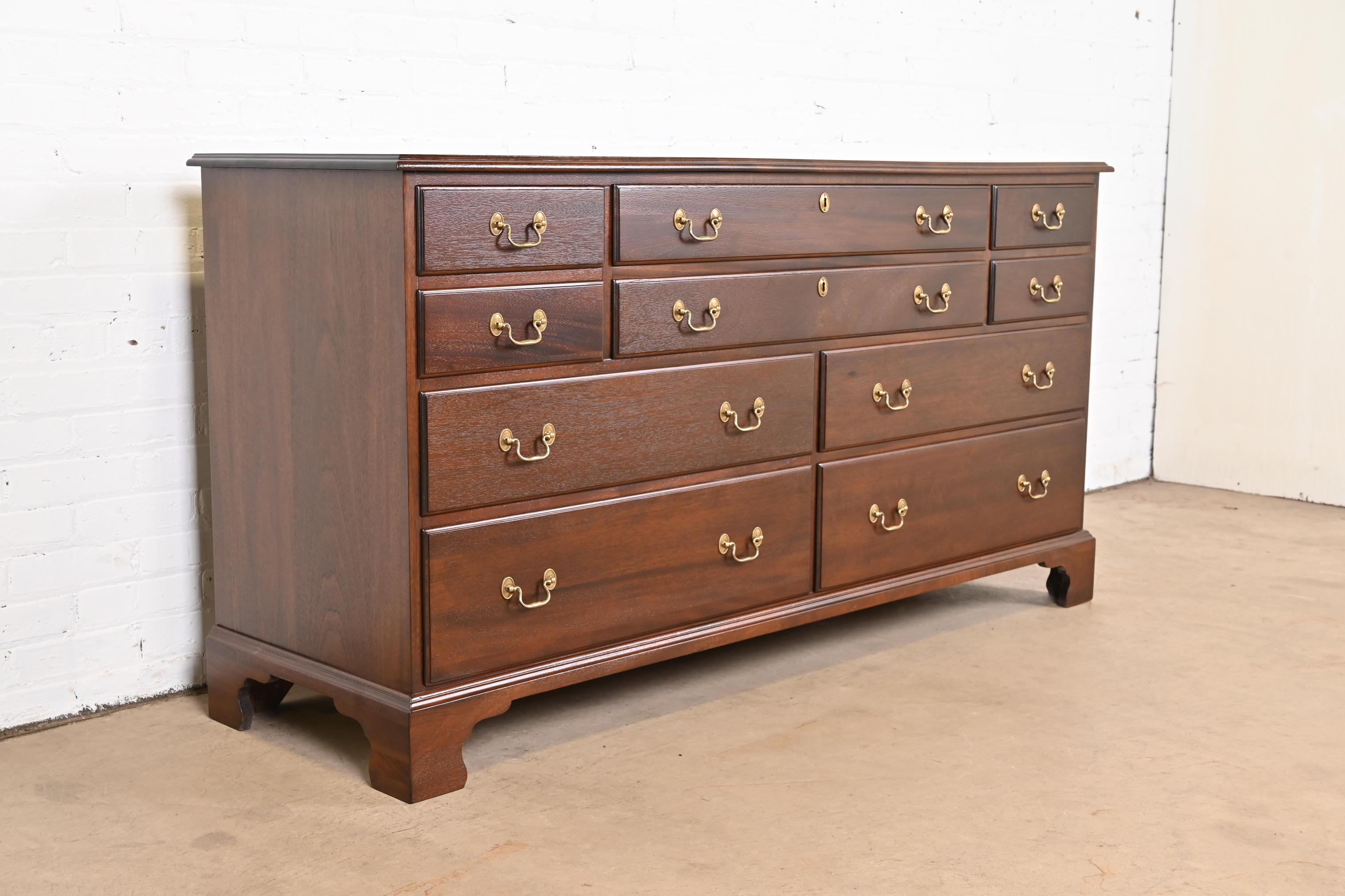 Brass Henkel Harris Georgian Solid Mahogany Ten-Drawer Dresser, Newly Refinished