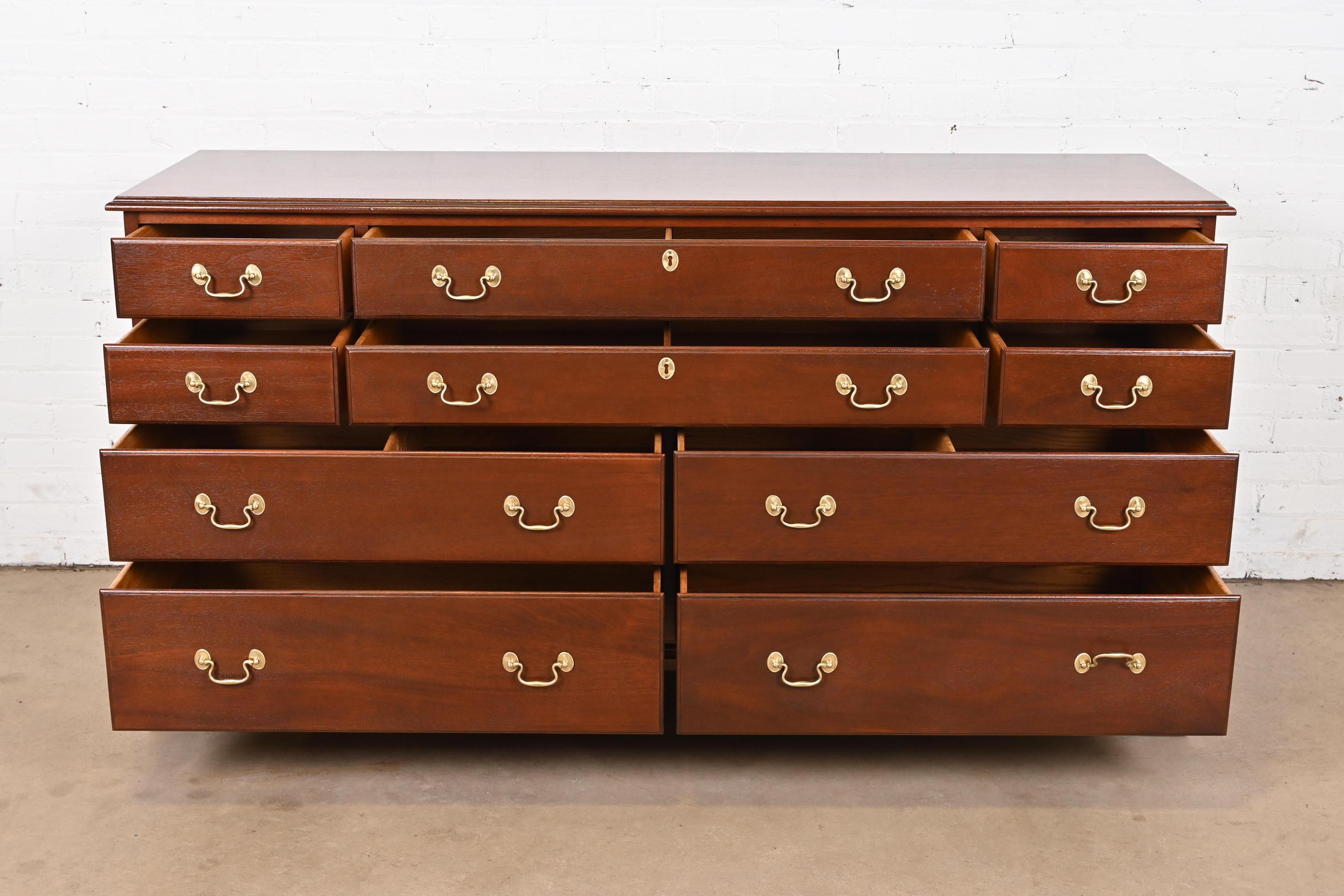 Brass Henkel Harris Georgian Solid Mahogany Ten-Drawer Dresser or Credenza, Refinished For Sale