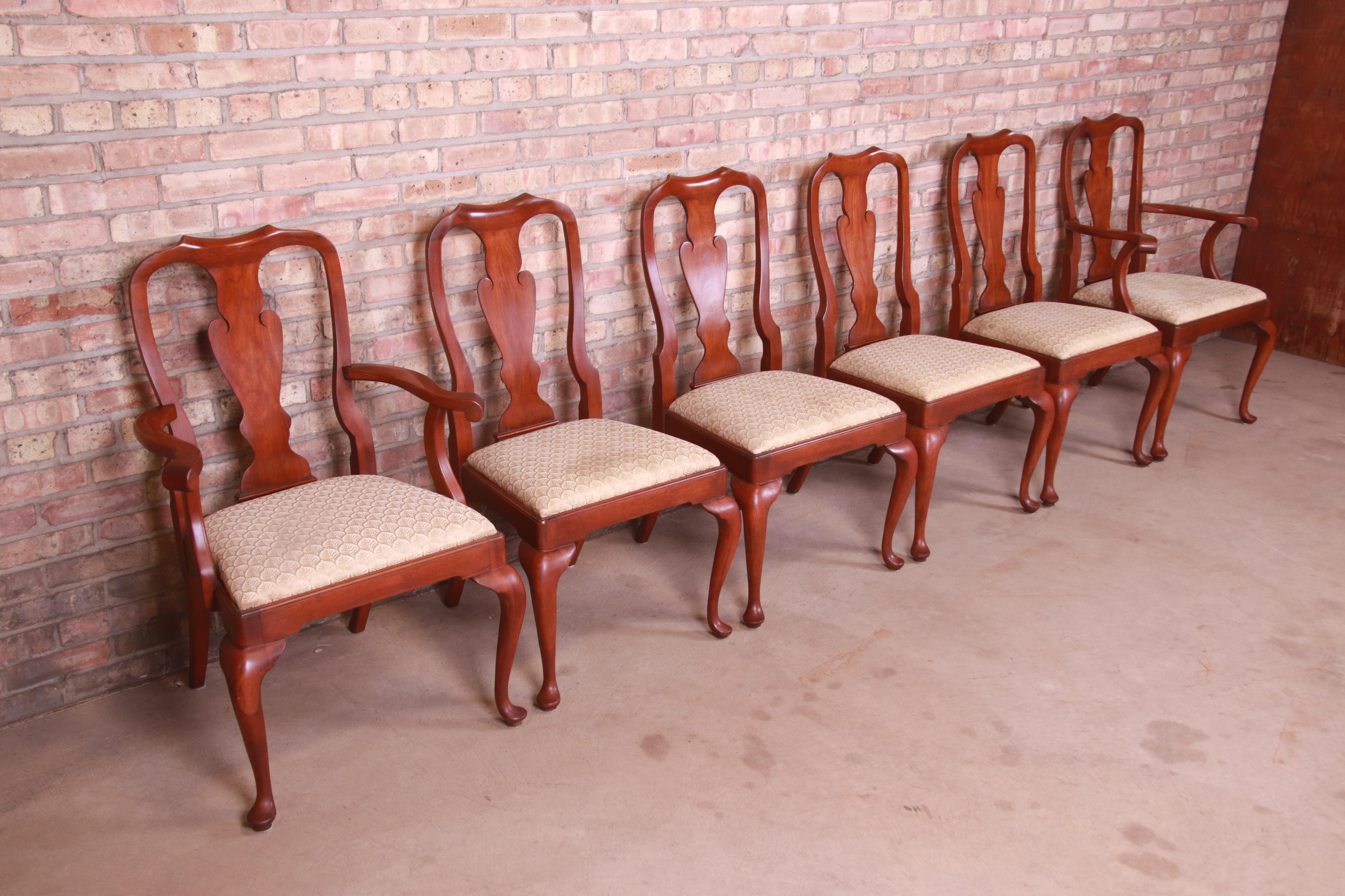 Upholstery Henkel Harris Queen Anne Cherry Wood Fiddle Back Dining Chairs, Set of Six