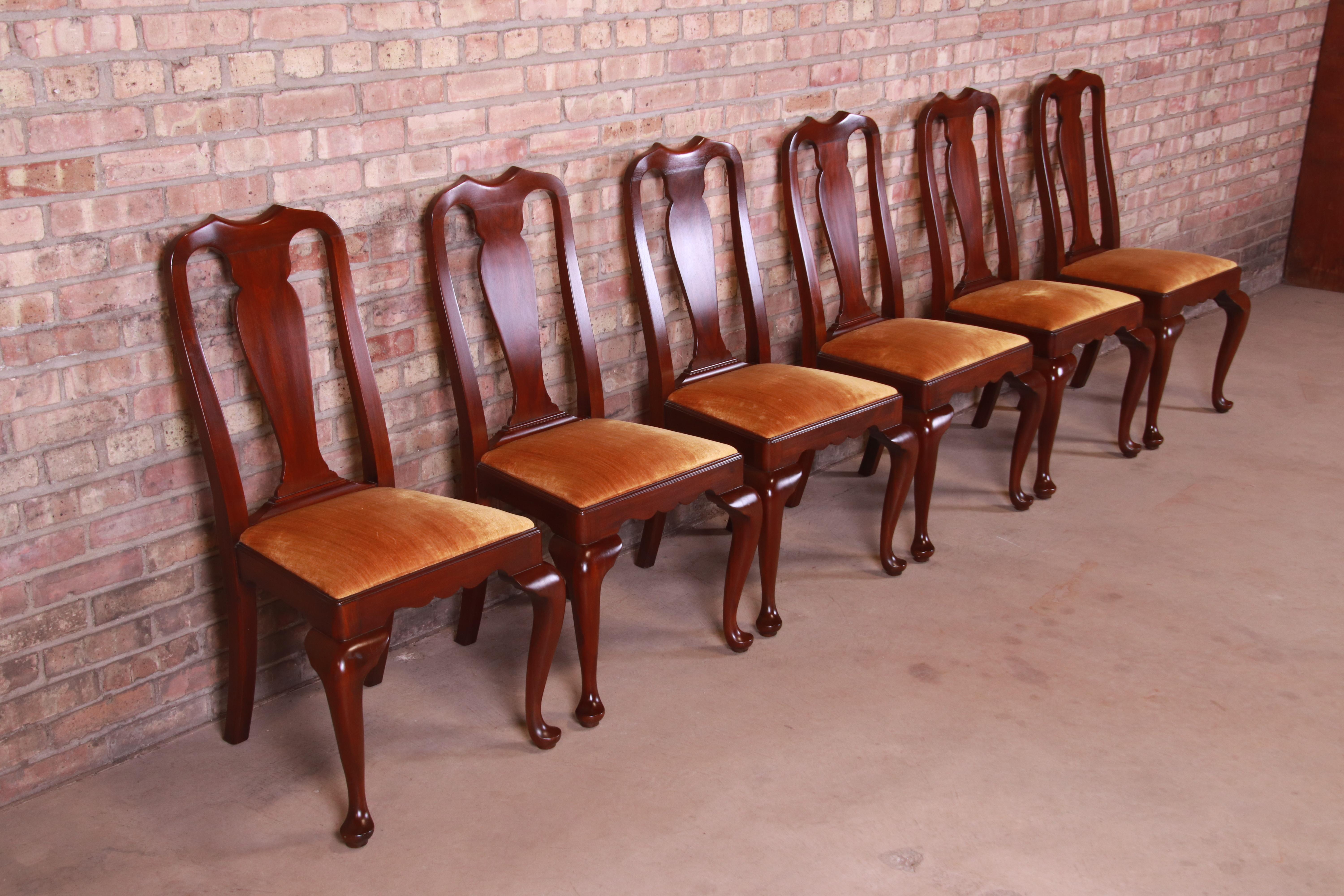 Velvet Henkel Harris Queen Anne Mahogany Dining Chairs, Set of Six