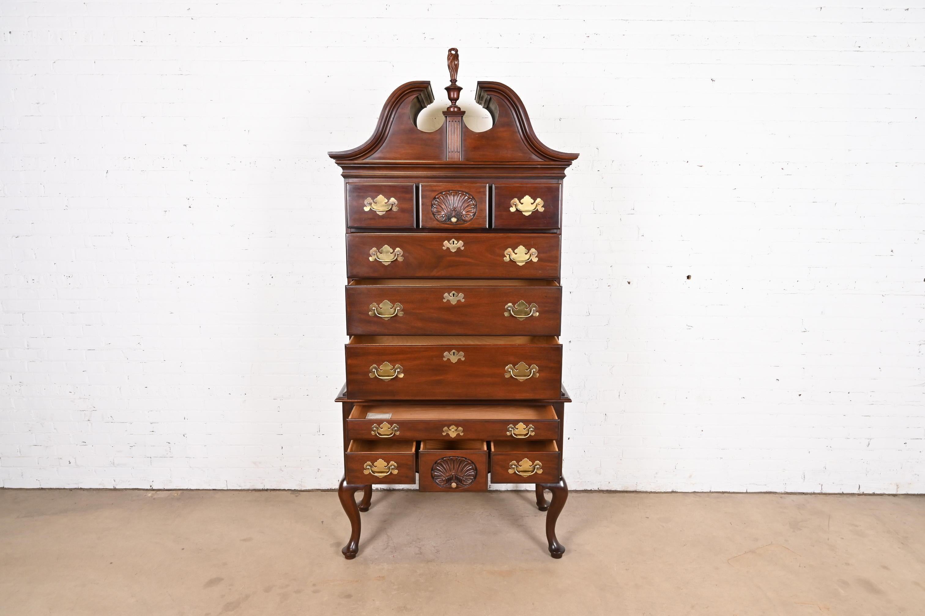 Brass Henkel Harris Queen Anne Mahogany Highboy Dresser, 1977 For Sale