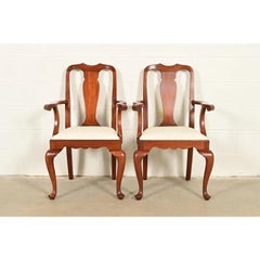 Henkel Harris Queen Anne Solid Cherry Wood Armchairs, Pair