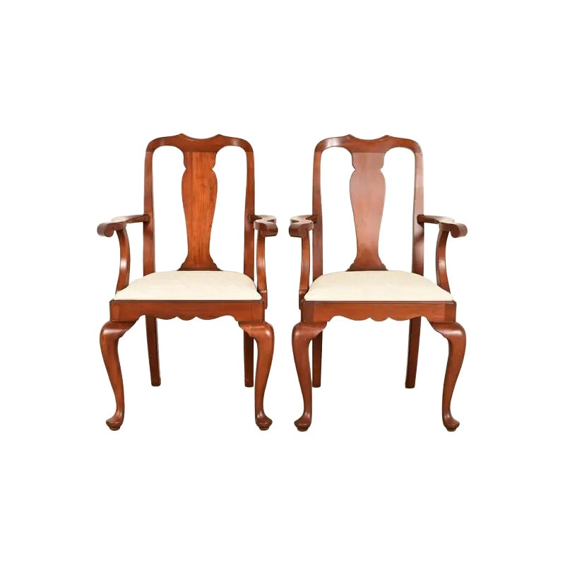 Henkel Harris Queen Anne Solid Cherry Wood Armchairs, Pair For Sale