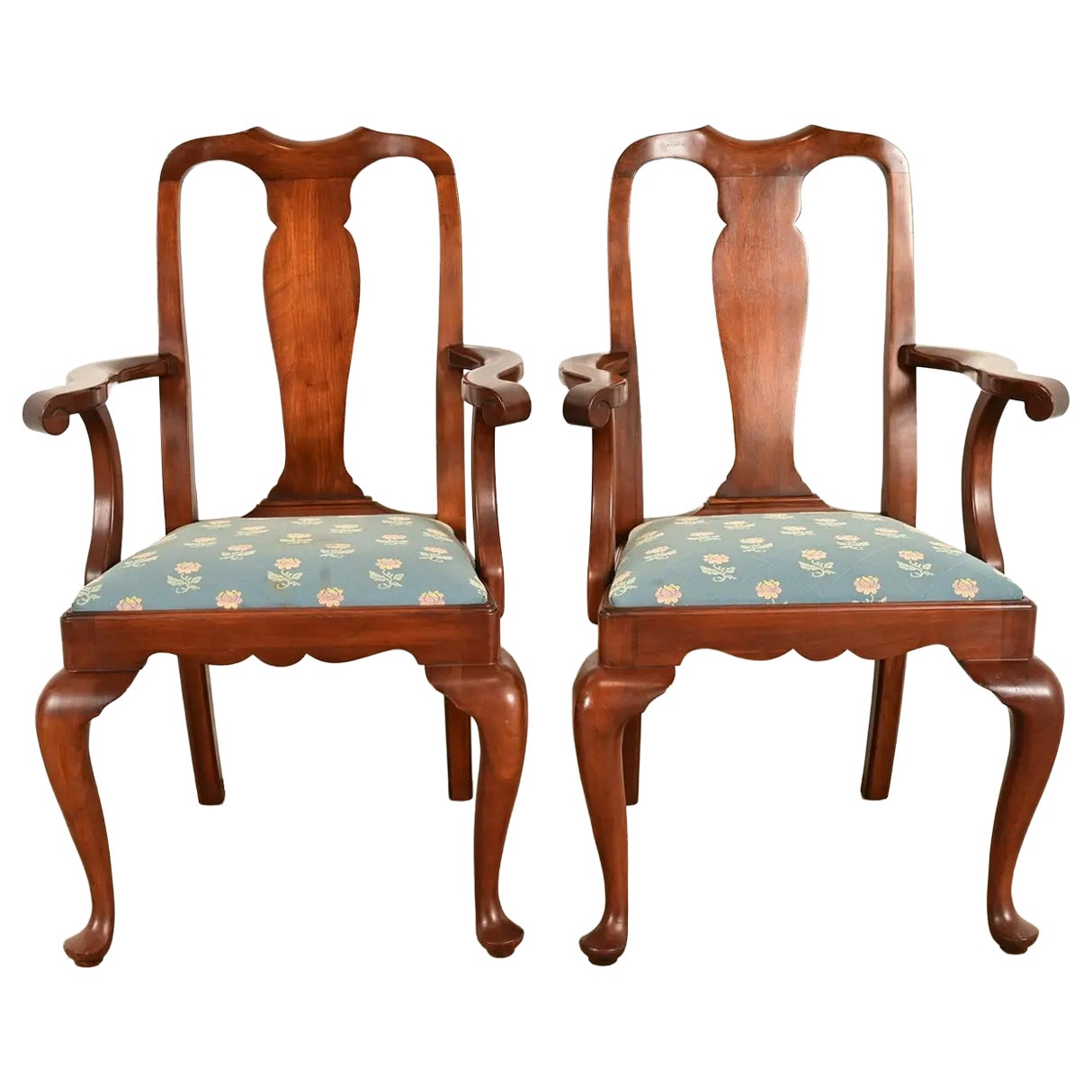 Henkel Harris Queen Anne Solid Cherry Wood Armchairs, Pair
