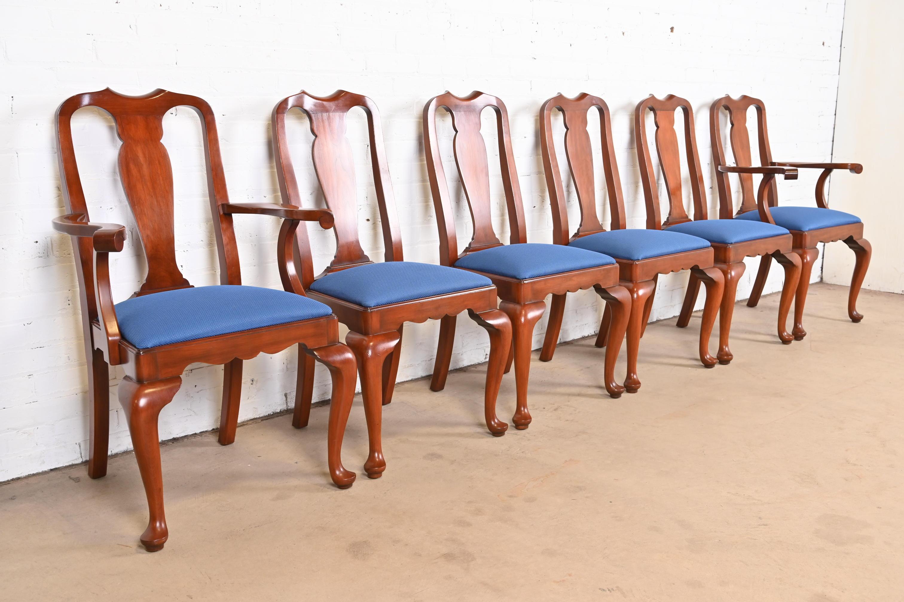Upholstery Henkel Harris Queen Anne Solid Cherry Wood Dining Chairs, Set of Six For Sale