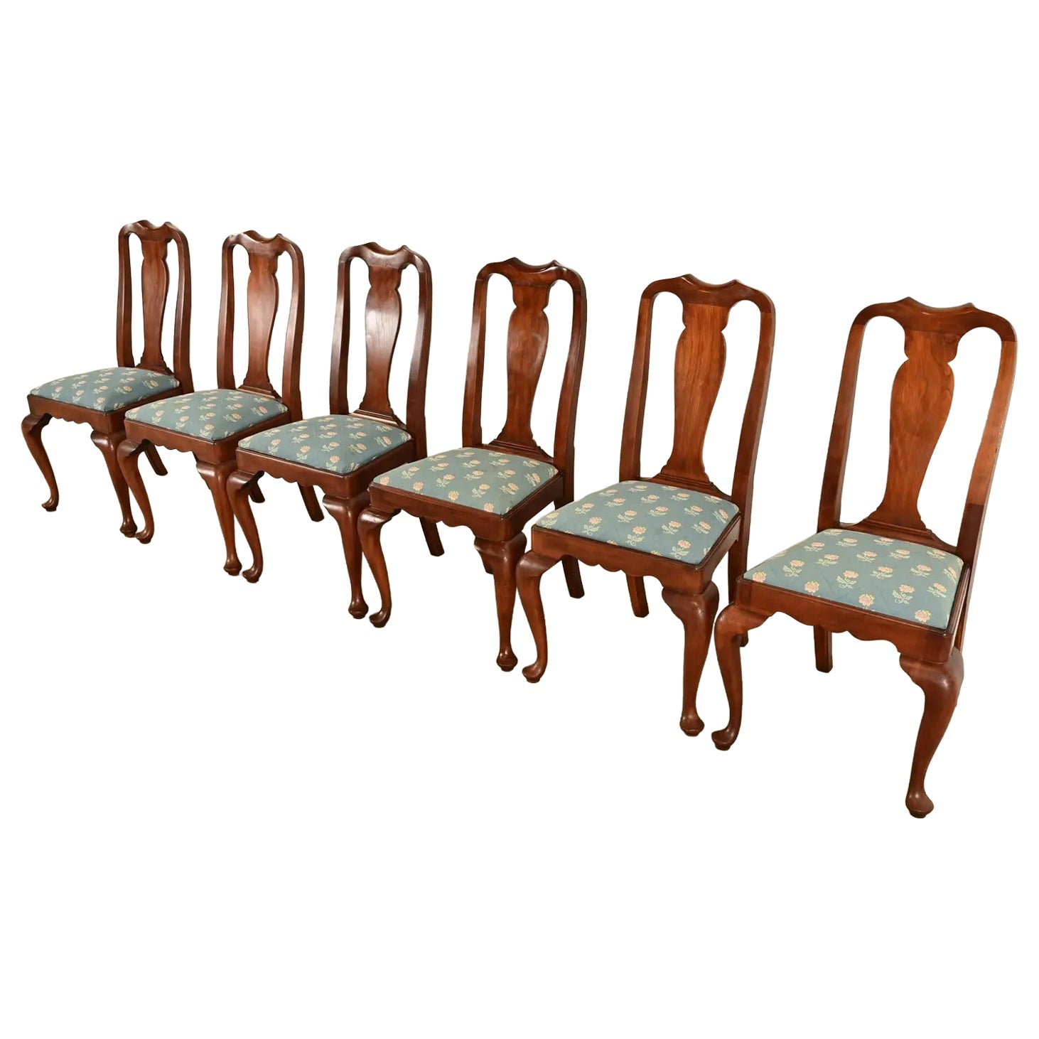 Henkel Harris Queen Anne Solid Cherry Wood Dining Chairs, Set of Six