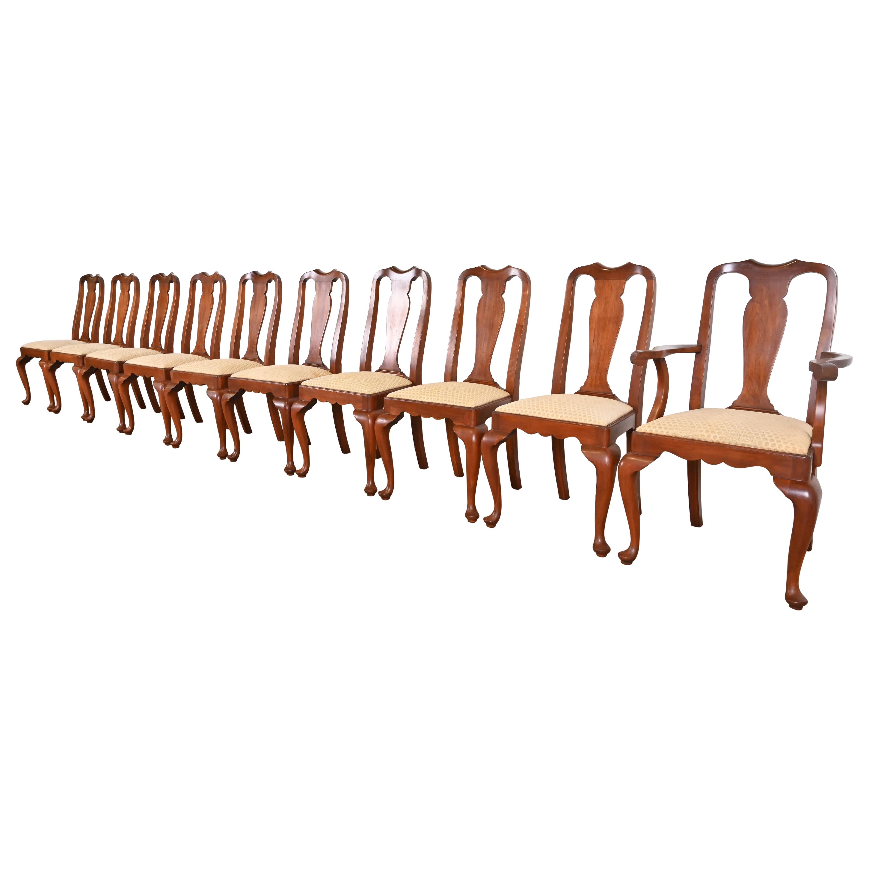 Henkel Harris Queen Anne Solid Cherry Wood Dining Chairs, Set of Ten