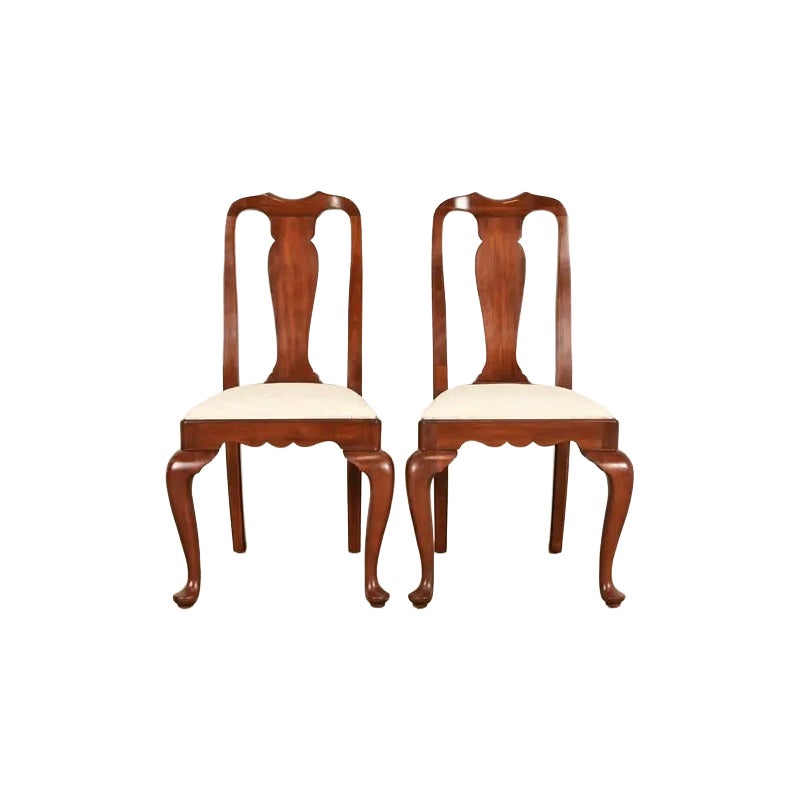 Henkel Harris Queen Anne Solid Cherry Wood Side Chairs or Dining Chairs, Pair