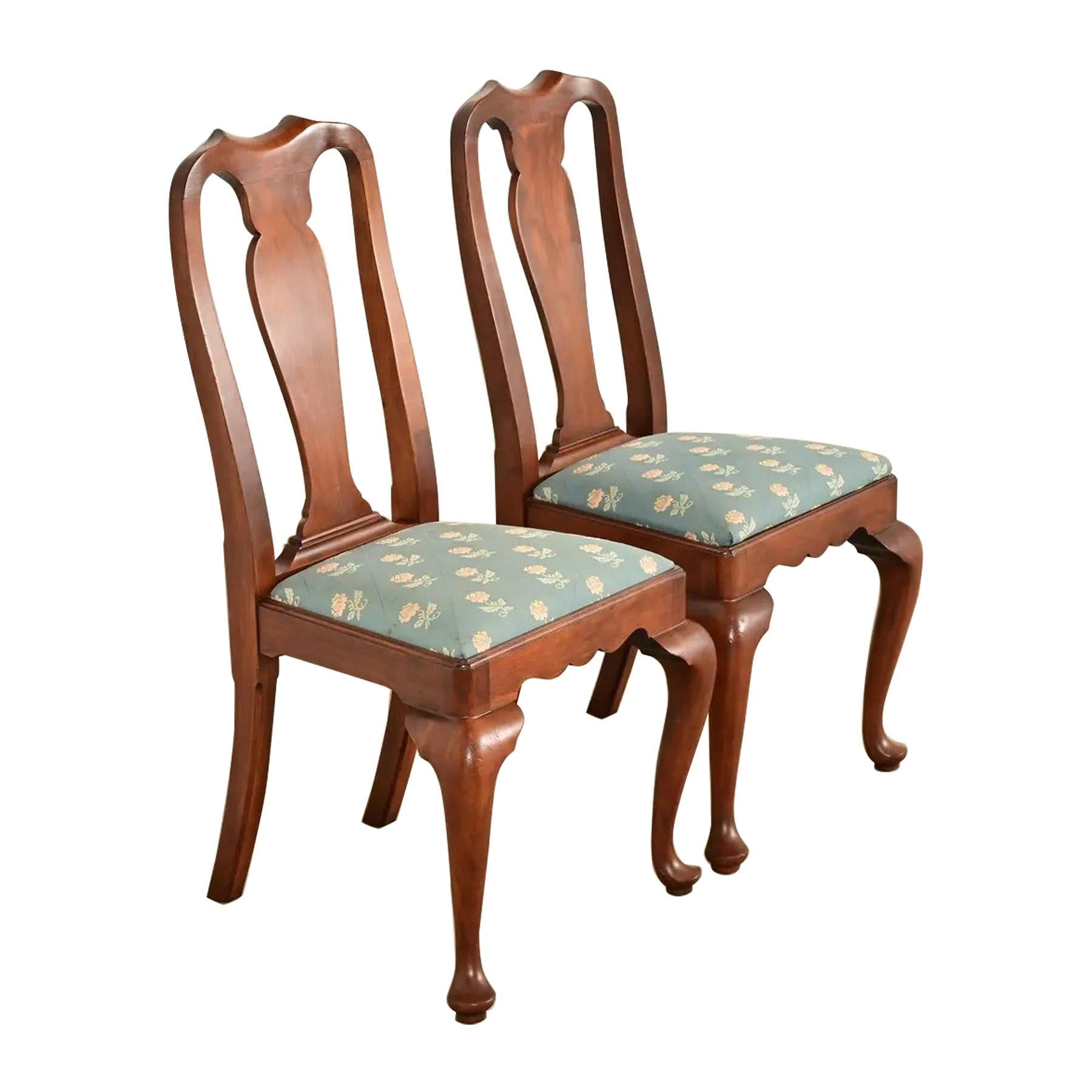 Henkel Harris Queen Anne Solid Cherry Wood Side Chairs or Dining Chairs, Pair