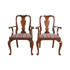 Henkel Harris Queen Anne Solid Mahogany Armchairs or Dining Captain Chairs, Pair