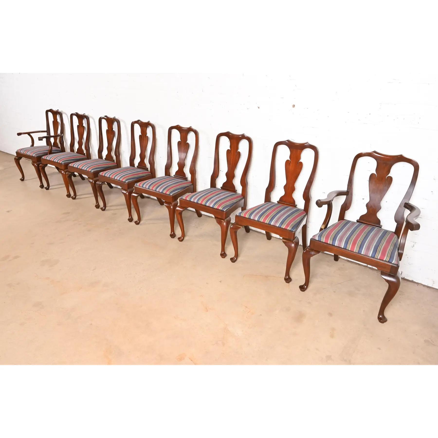 Ein hervorragender Satz von acht Esszimmerstühlen im Queen-Anne- oder georgianischen Stil

Von Henkel Harris

USA, ca. 1980er Jahre

Rahmen aus massivem Mahagoni, mit gepolsterten Sitzen.

Maßnahmen:
Beistellstühle - 23 
