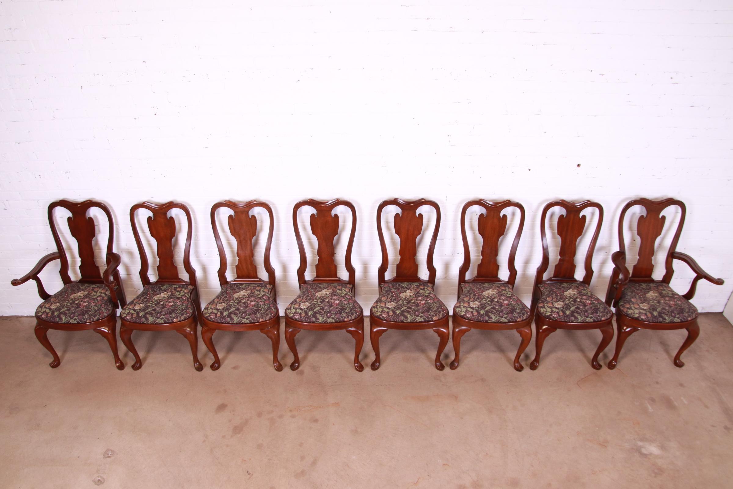 Upholstery Henkel Harris Queen Anne Solid Mahogany Dining Chairs, Set of Eight