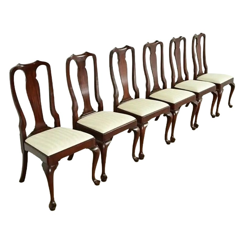 Henkel Harris Queen Anne Solid Mahogany Dining Chairs, Set of Six