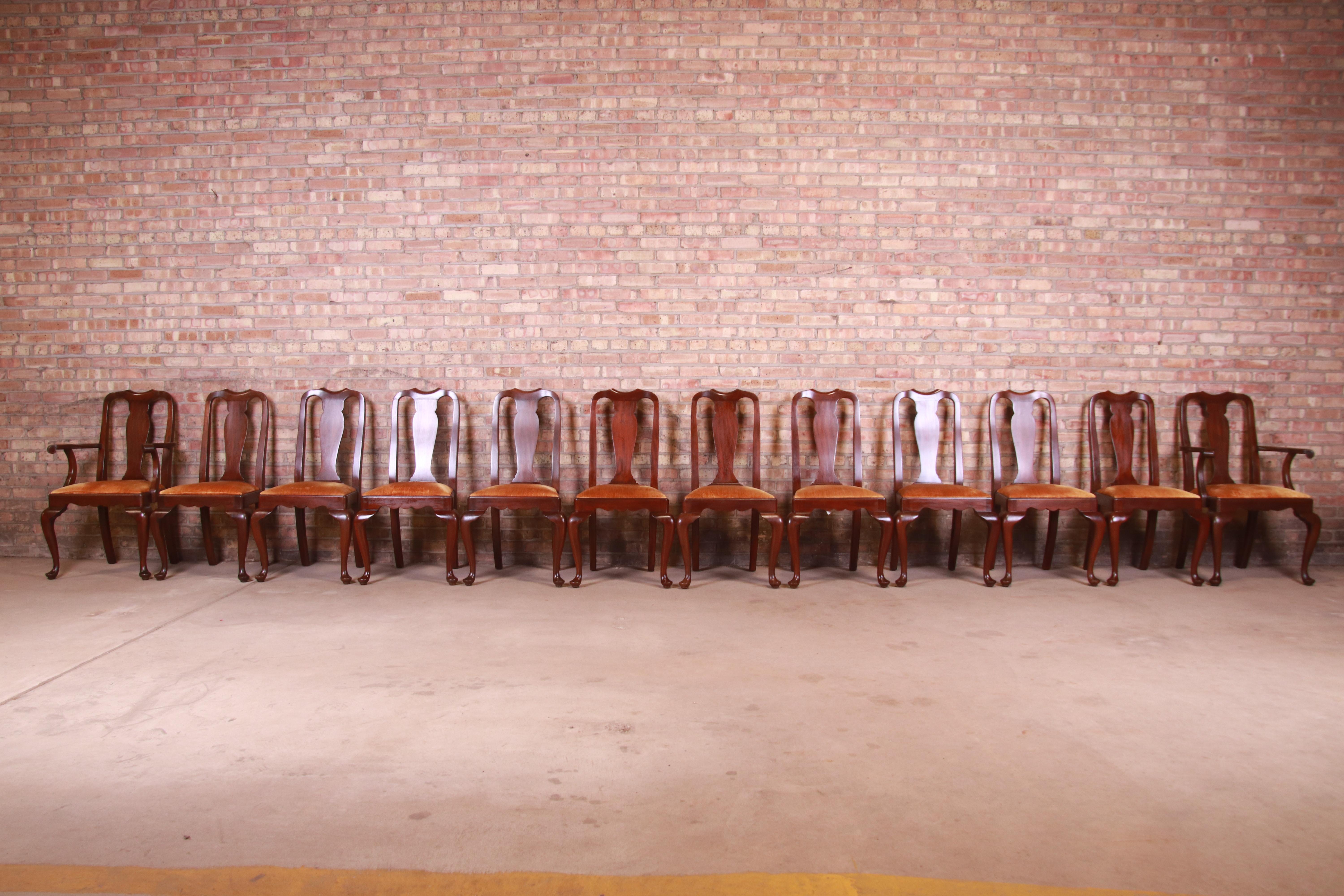 American Henkel Harris Queen Anne Solid Mahogany Dining Chairs, Set of Twelve