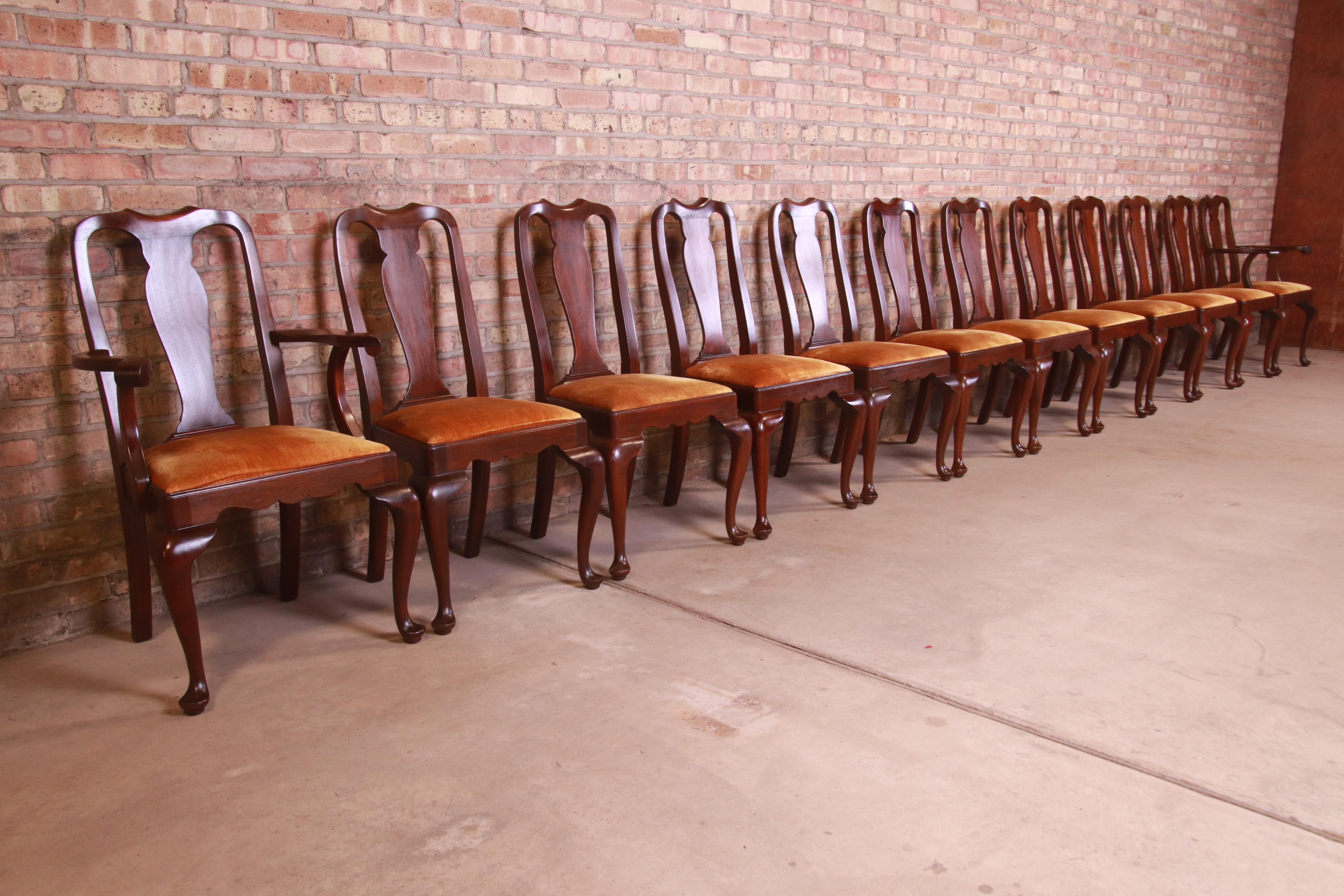 Velvet Henkel Harris Queen Anne Solid Mahogany Dining Chairs, Set of Twelve