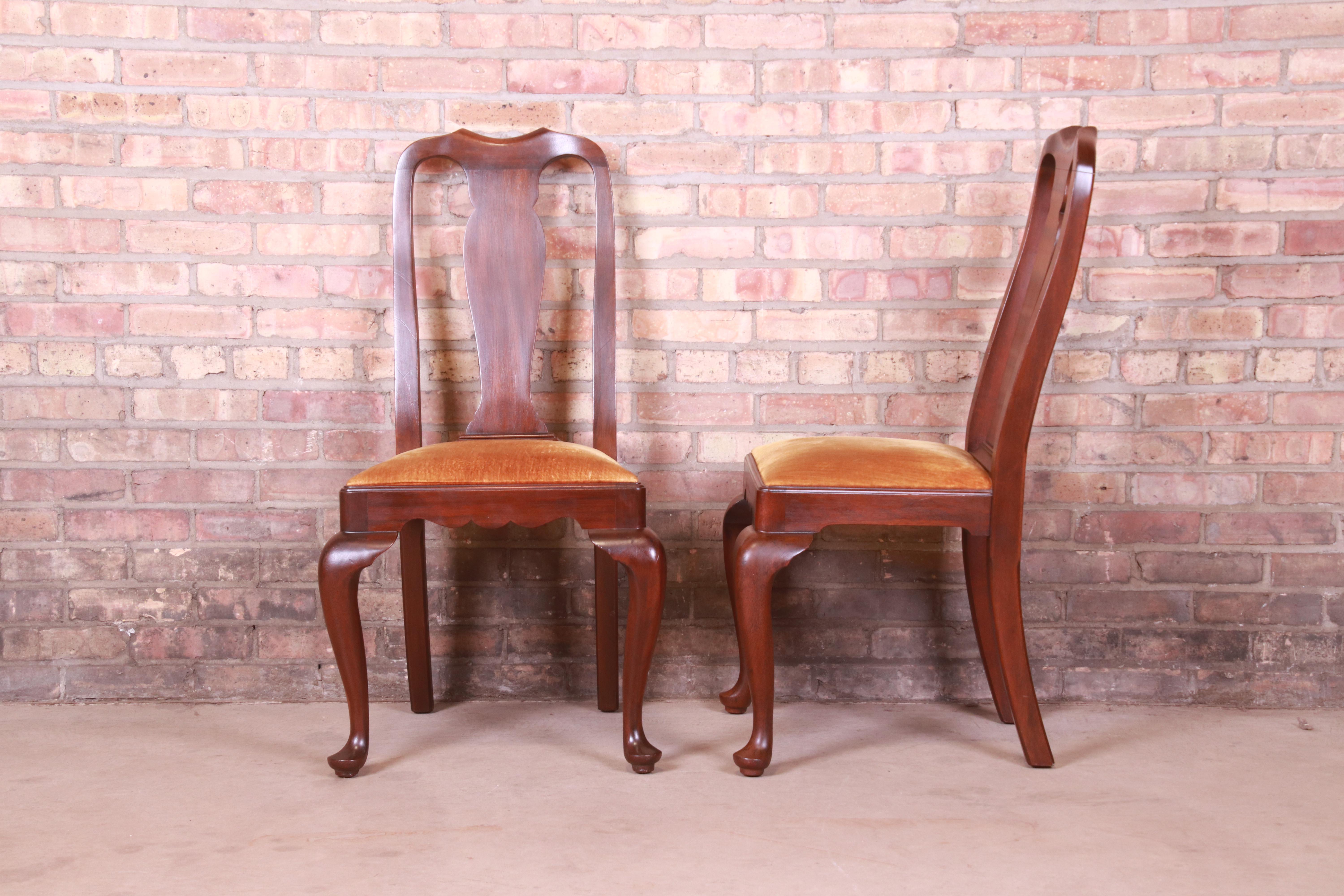 Velvet Henkel Harris Queen Anne Solid Mahogany Dining Chairs, Set of Twelve