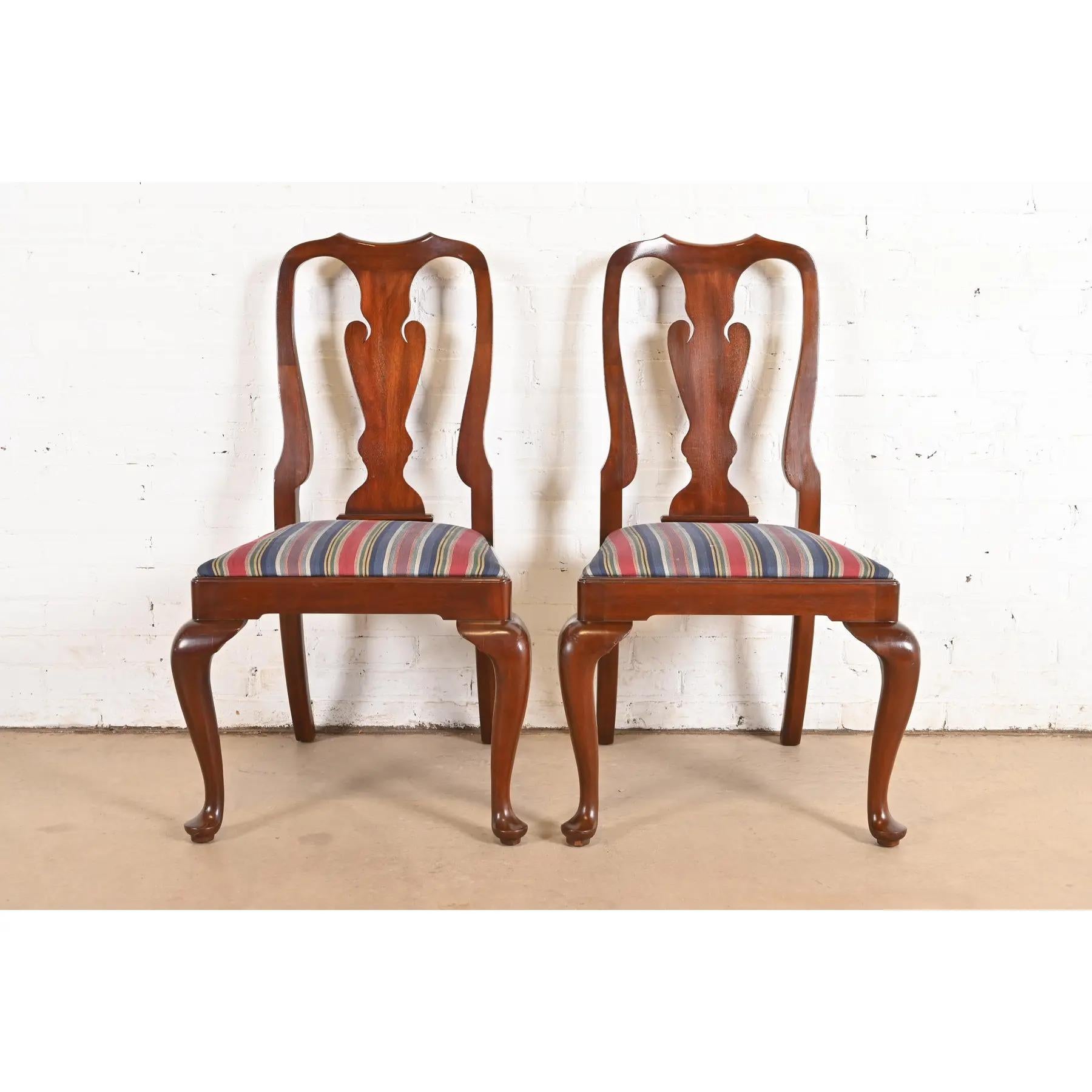 Extraordinaria pareja de sillas auxiliares o de comedor de estilo Queen Anne o Georgiano

Por Henkel Harris

EE.UU., alrededor de 1980

Armazones de caoba maciza, con asientos tapizados.

Medidas: 23