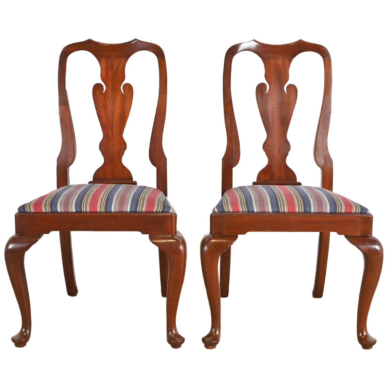 Henkel Harris Queen Anne Solid Mahogany Side Chairs or Dining Chairs, Pair