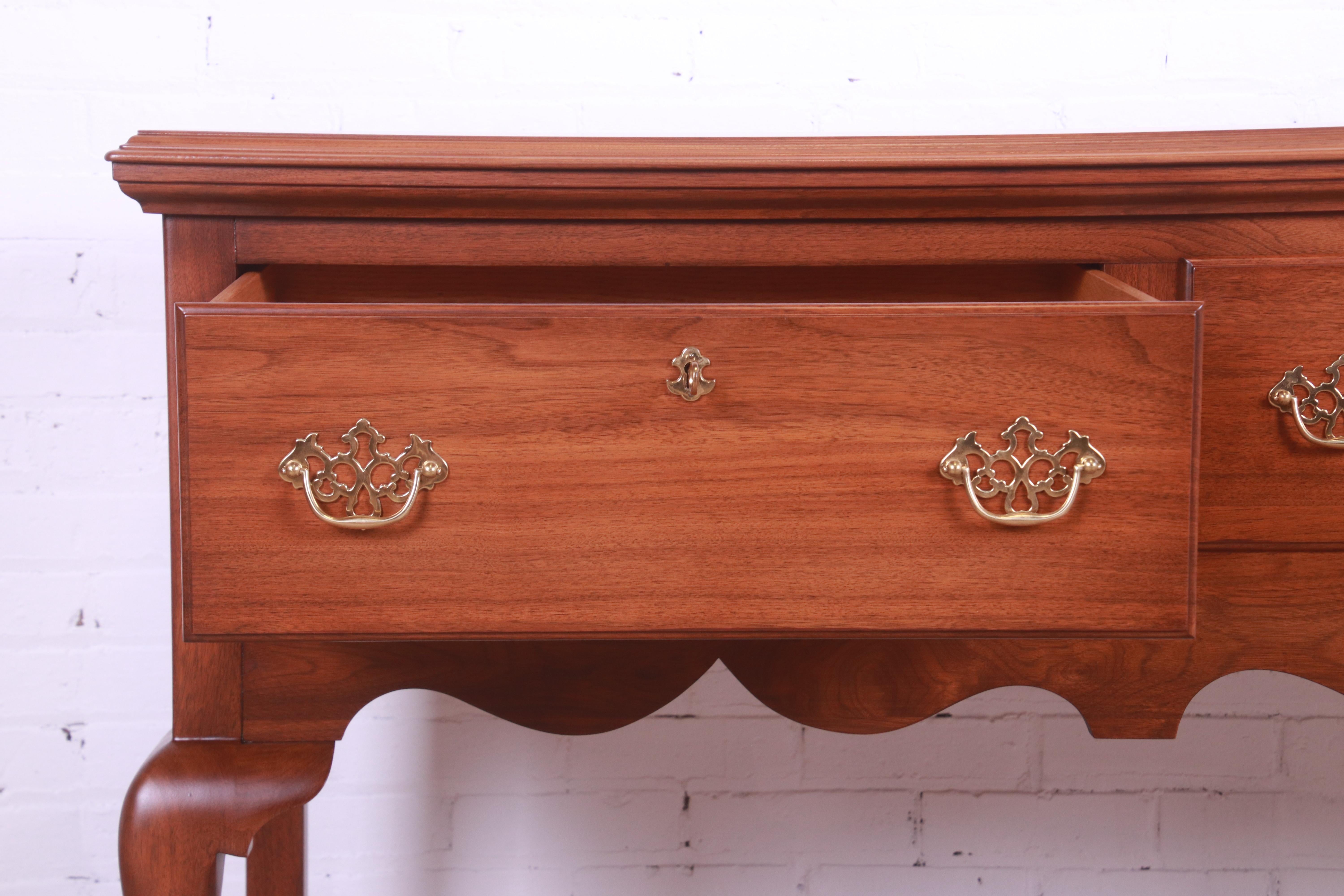 Brass Henkel Harris Queen Anne Solid Walnut Sideboard Credenza, Newly Refinished For Sale