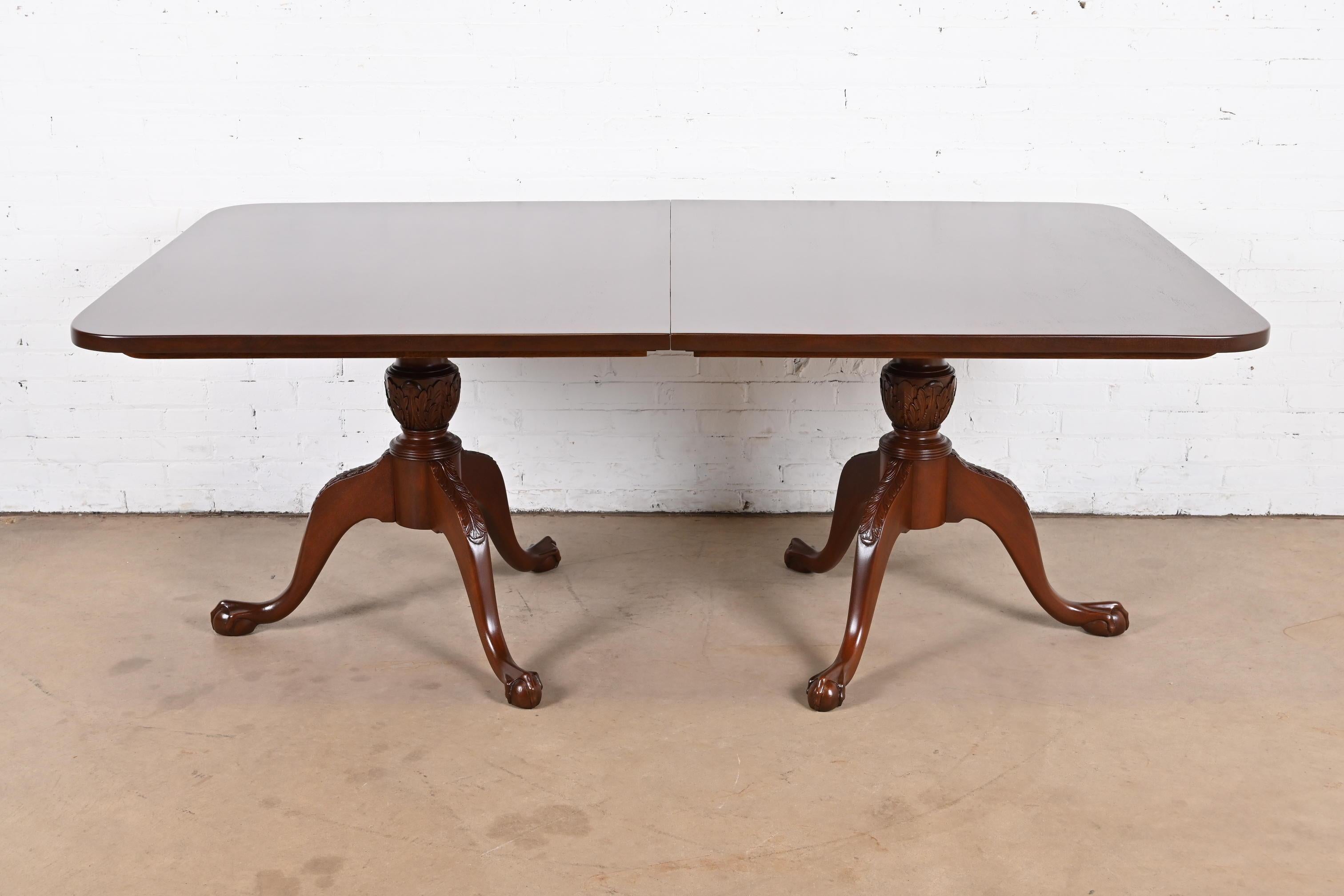 Henkel Harris Style Chippendale Mahogany Double Pedestal Dining Table, Restored For Sale 5
