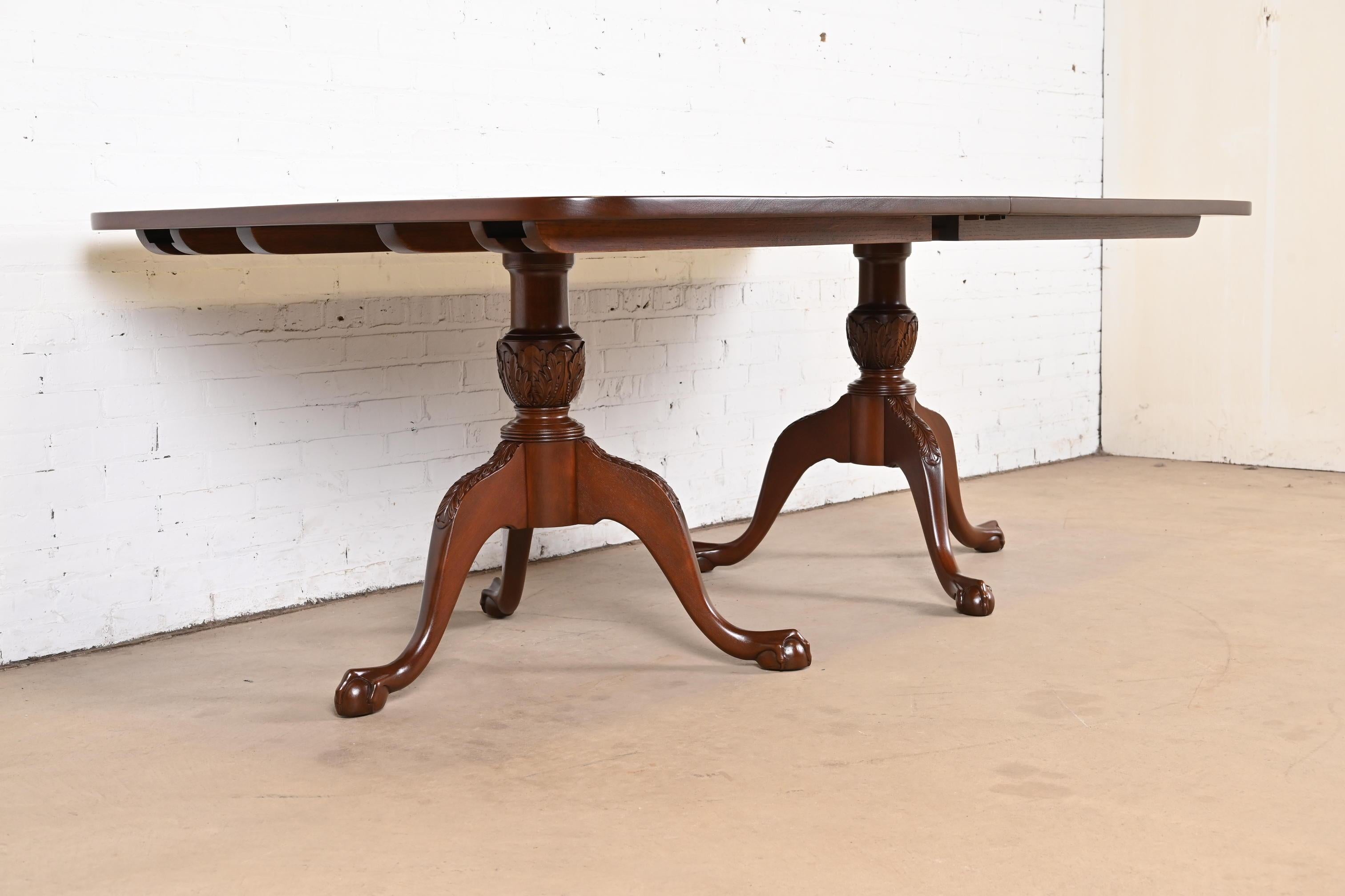Henkel Harris Style Chippendale Mahogany Double Pedestal Dining Table, Restored For Sale 9