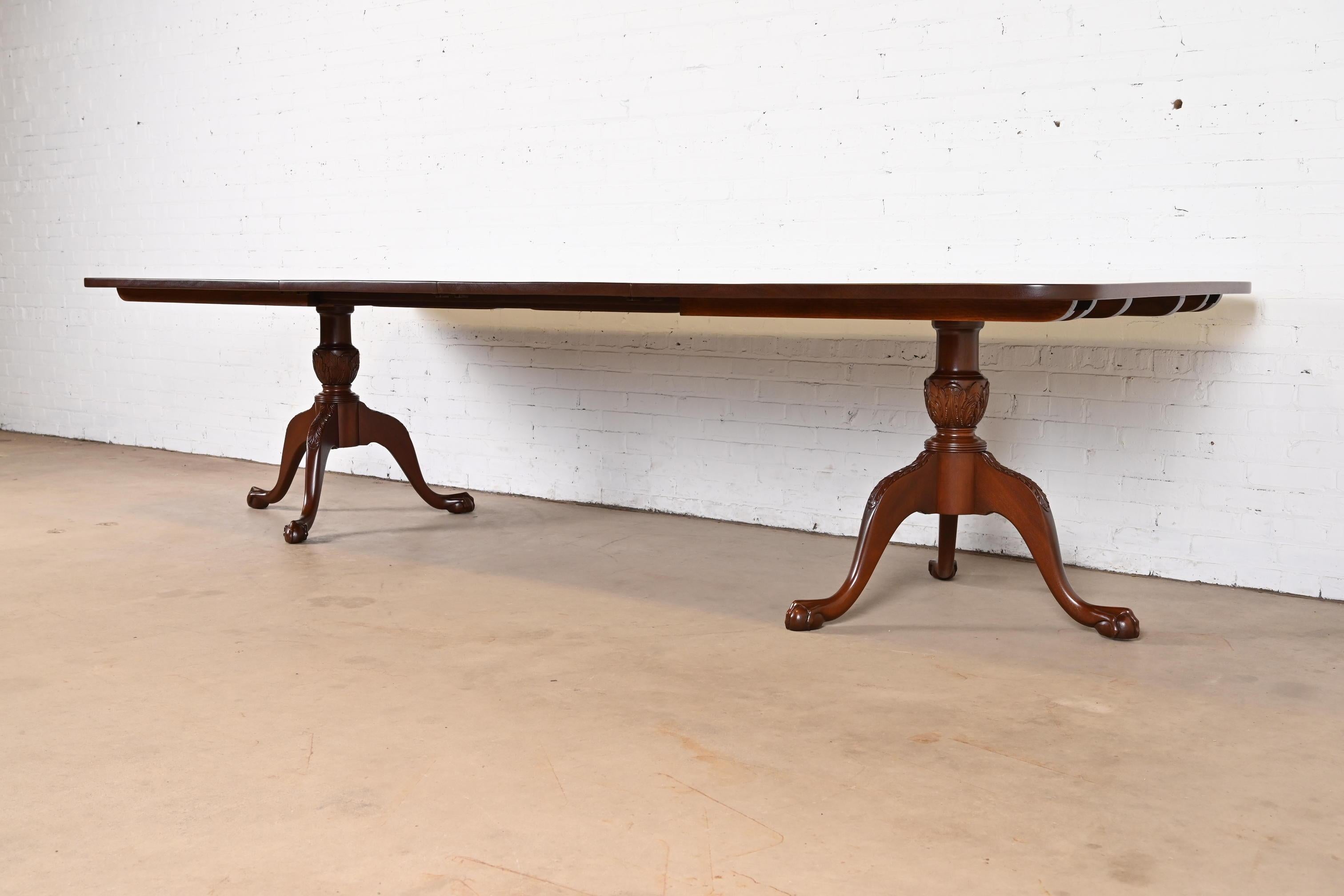 Late 20th Century Henkel Harris Style Chippendale Mahogany Double Pedestal Dining Table, Restored For Sale