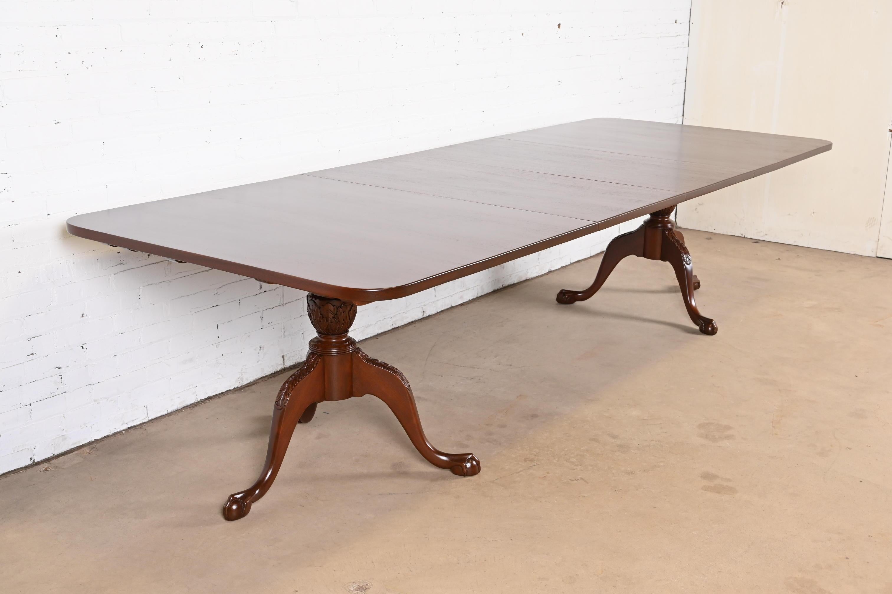 Henkel Harris Style Chippendale Mahogany Double Pedestal Dining Table, Restored For Sale 1