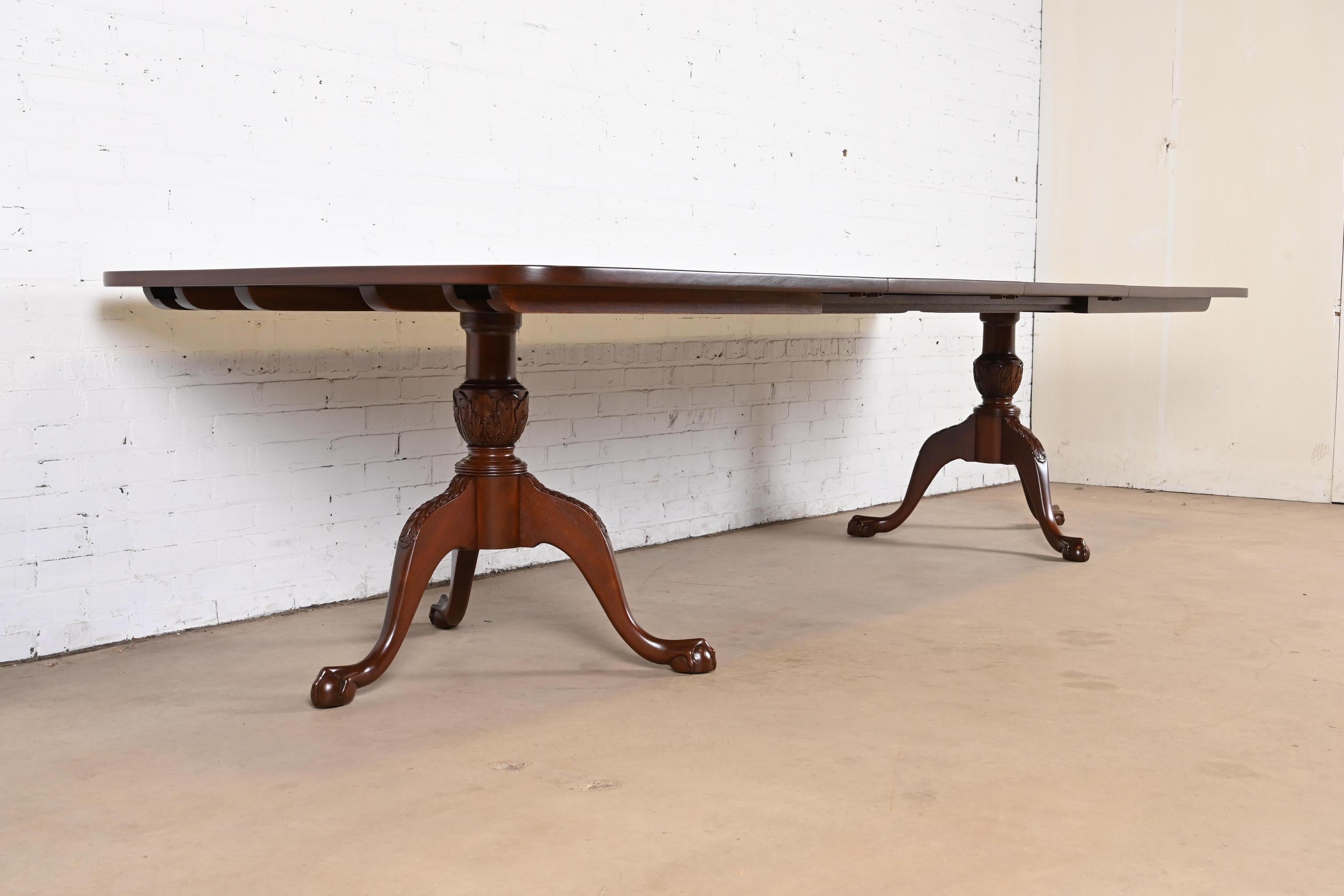 Henkel Harris Style Chippendale Mahogany Double Pedestal Dining Table, Restored For Sale 2