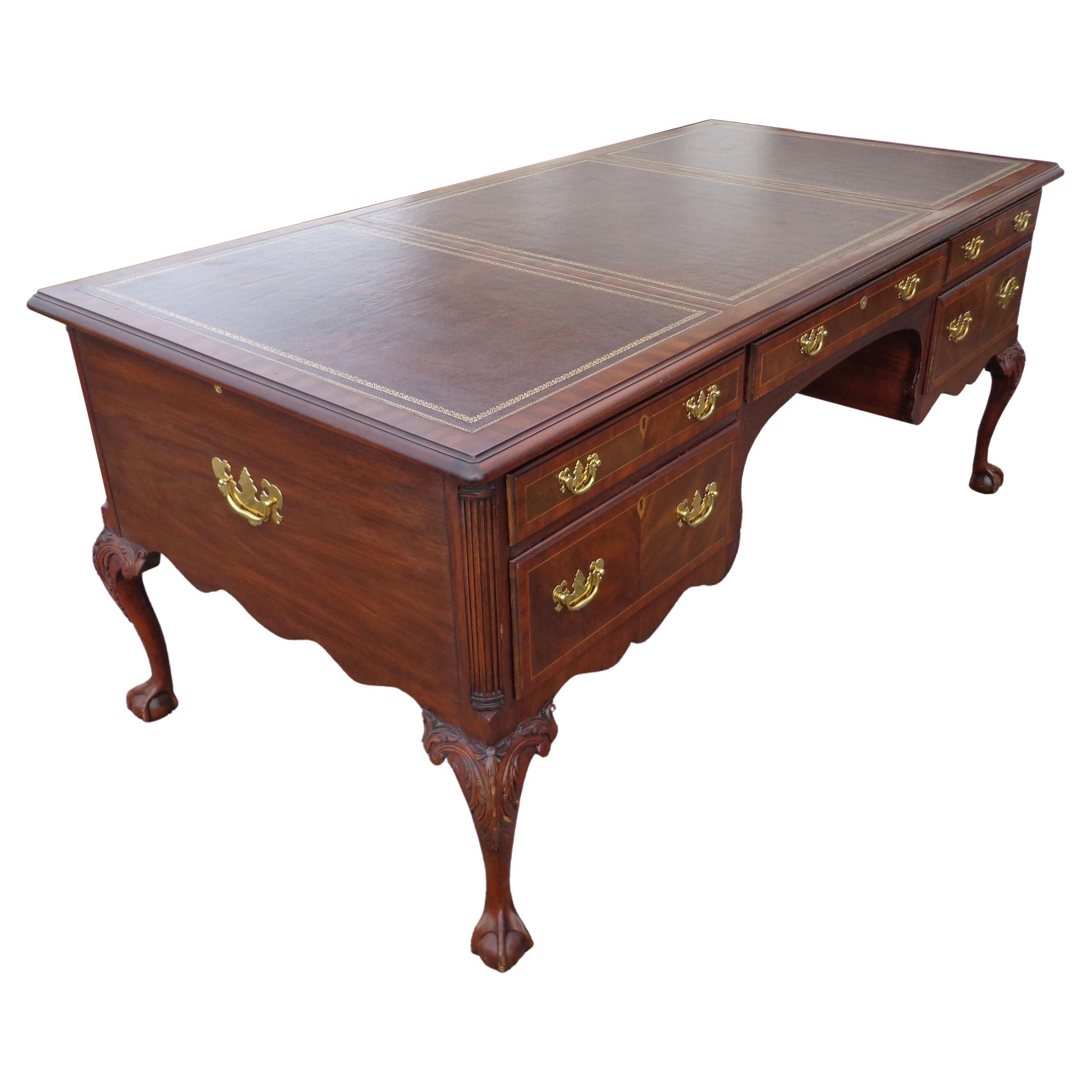 Henkel Moore Chippendale Mahogany Leather Top Ball and Claw Executive Desk For Sale