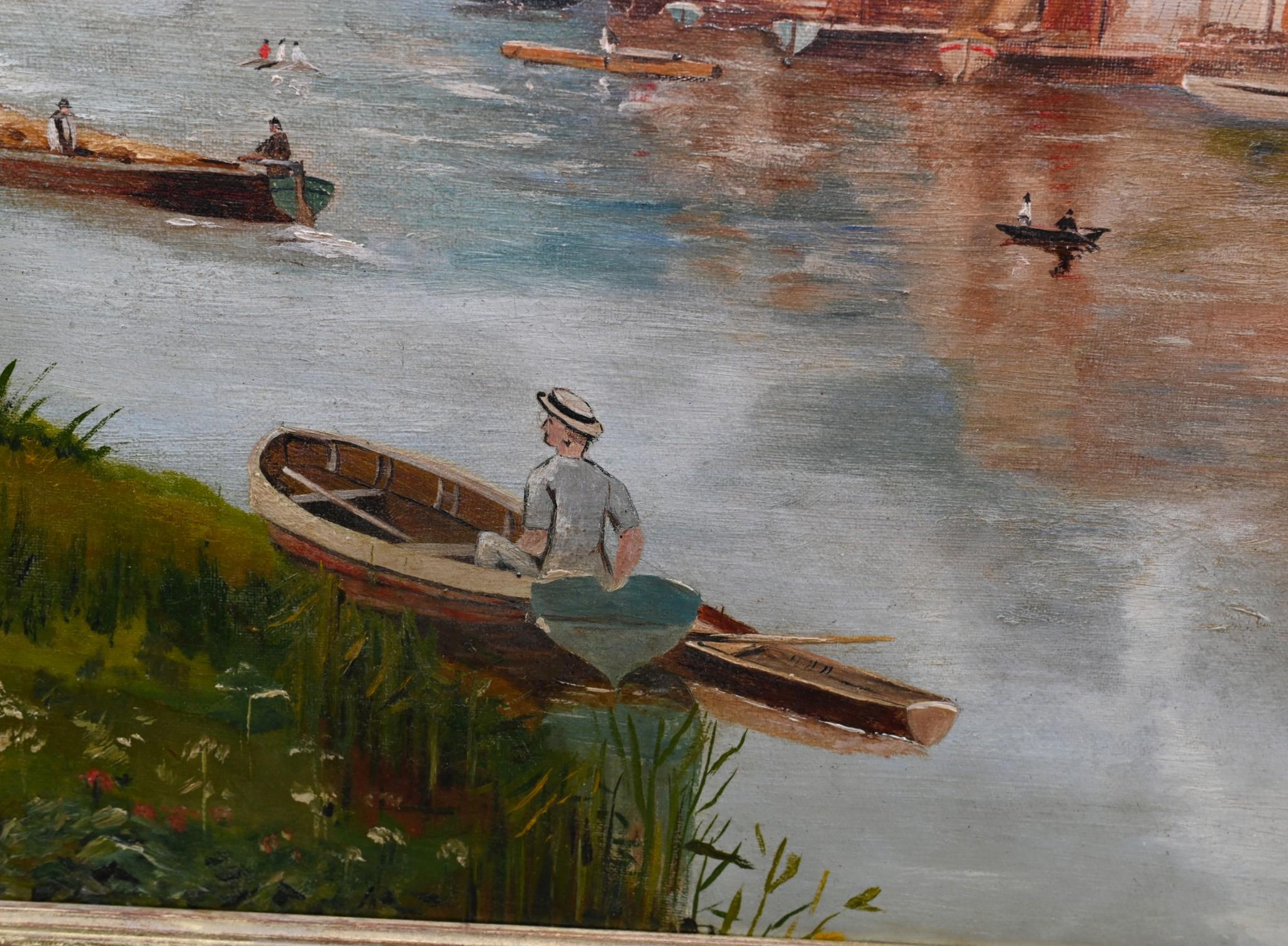 Henley on Thames Antique Oil Painting Riverscape 1870 Signed Harold Gregson For Sale 7